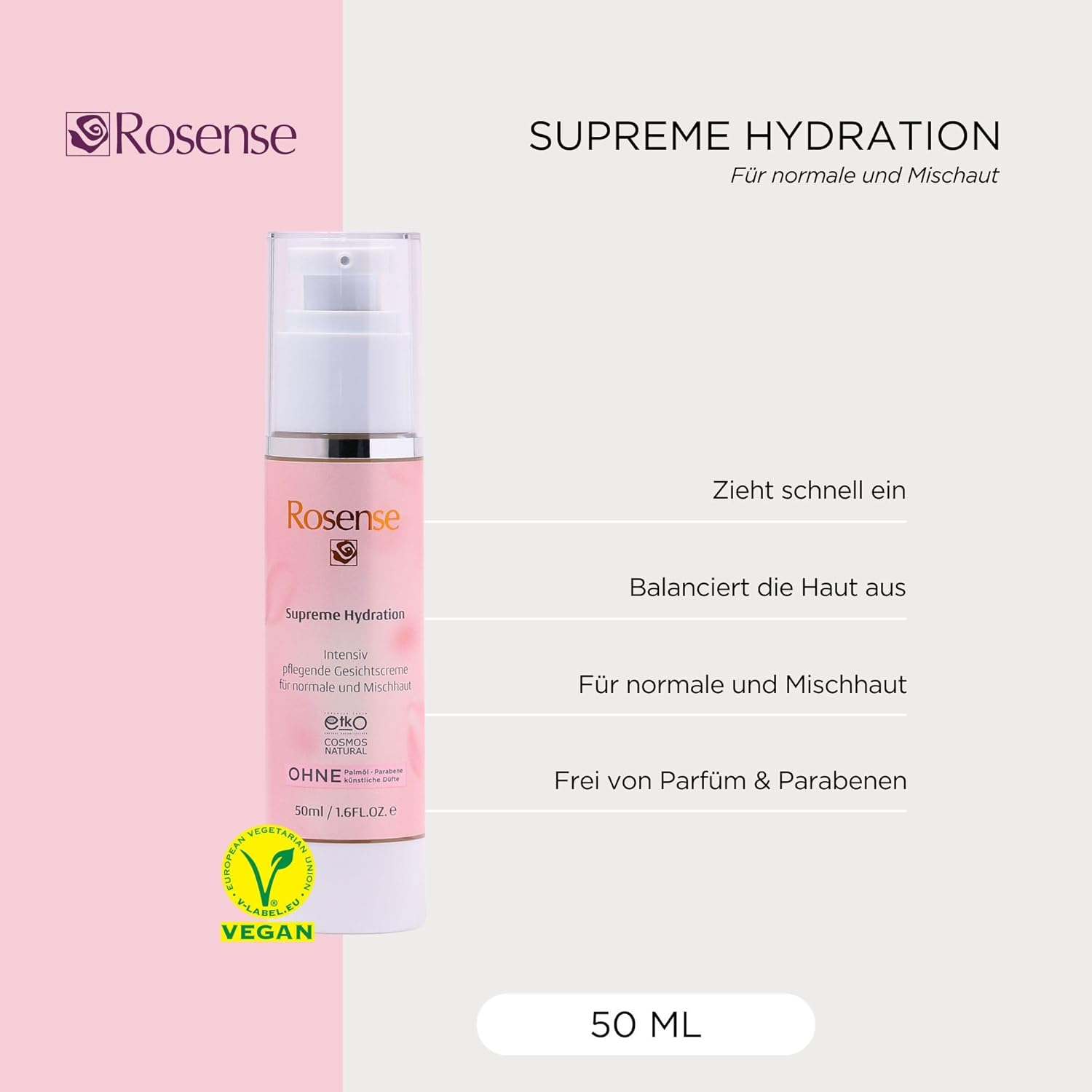 Rosense Supreme Hydration, Intensive Nourishing Face Cream for Normal and Combination Skins | Moisturizing, from Hyaluronic Acid, Natural Extracts, Vegan - 50Ml image number 2