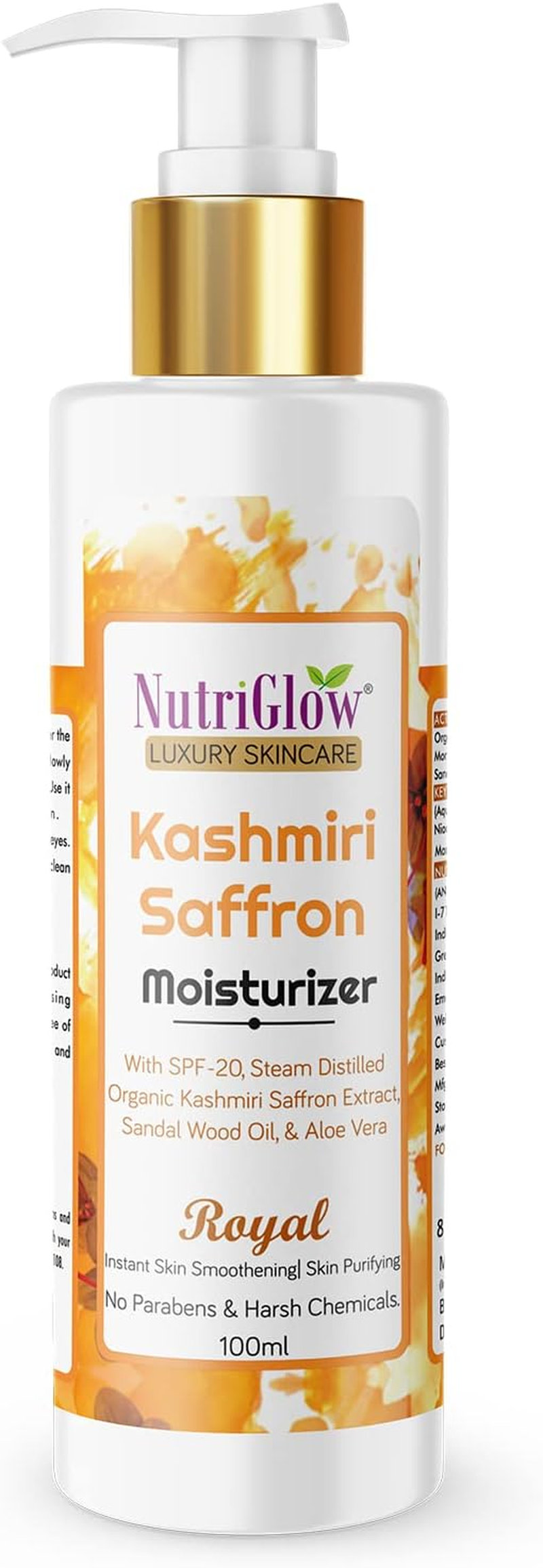 Nutriglow Luxury Skincare Kashmiri Saffron Moisturizer with SPF 20 with Sandalwood Oil for Protect from Sun Tan, Premature Aging & Wrinkle, 100Ml