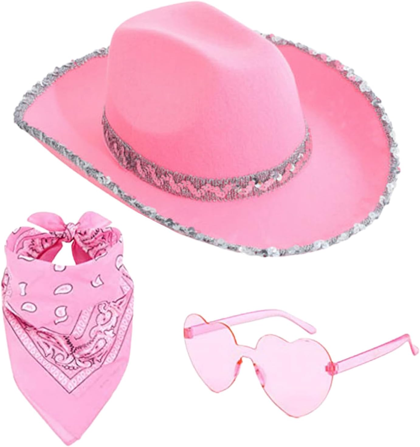Cowgirl Hats Women - Bling Jazz Hat with Glasses Headscarf, Cowgirl Hats Pack, Costume Dress up Party Supplies for Festival Party