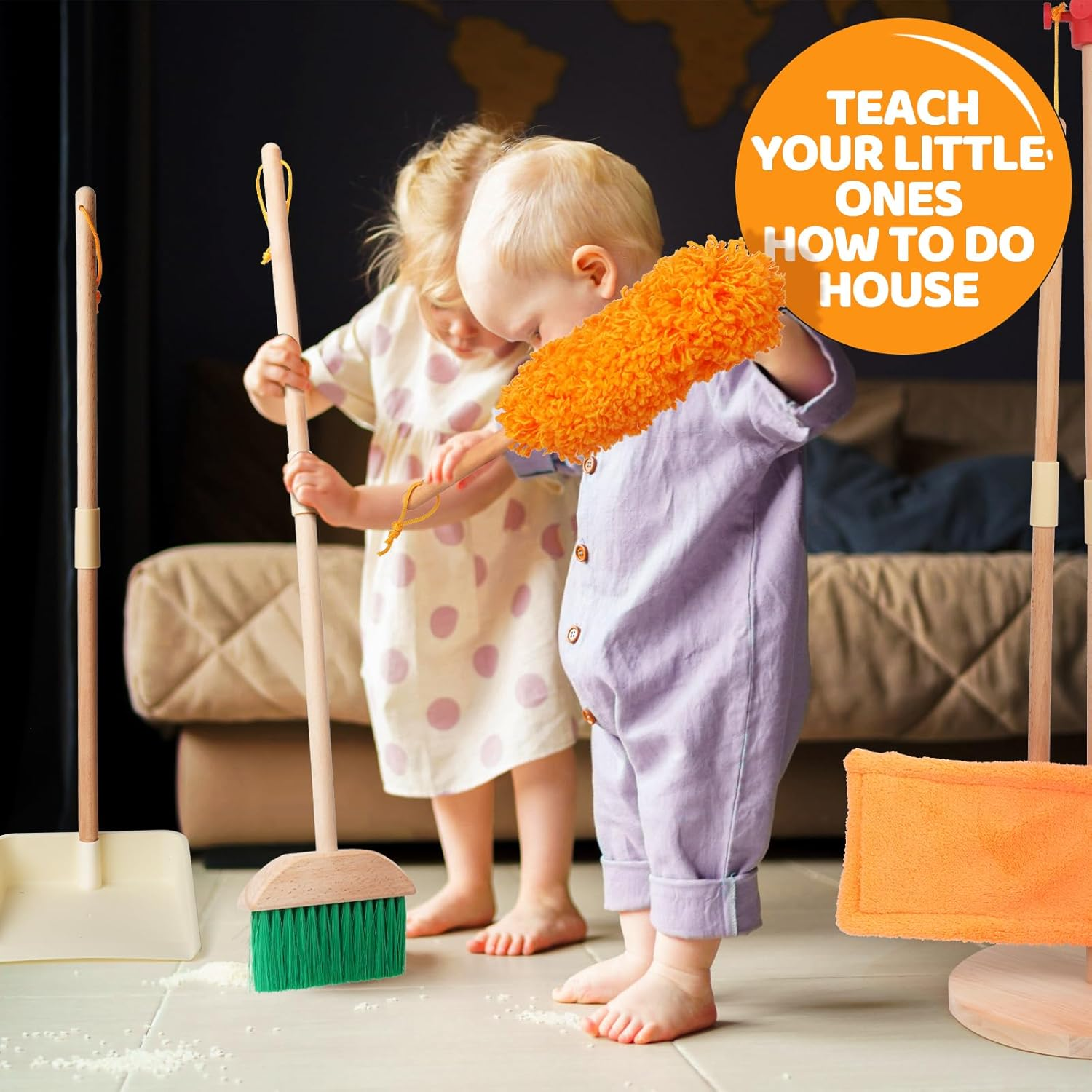 Toddler Cleaning Set - Kids Housekeeping Pretend Play Set | FSC Certification Wood with Broom, Mop, Dustpan, Duster and Organizing Stand | Montessori Toys for 3+ Year, Kids Pretend Play Cleaning Set image number 6