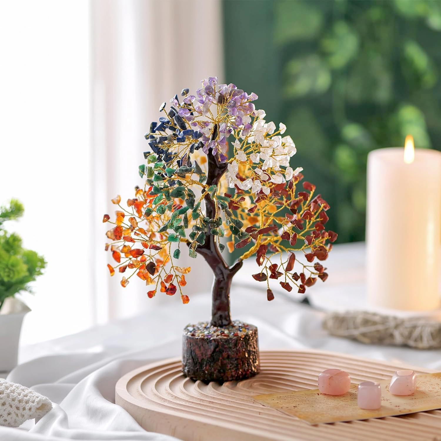 ABHISUBYA Seven Chakra Healing Bonsai Tree, 7 Chakra Crystal Stones D&eacute;cor Tree, Feng Shui Tree for Fortune, Spiritual Gifts Money Tree for Good Luck Copper Tree of Life Pendant image number 2