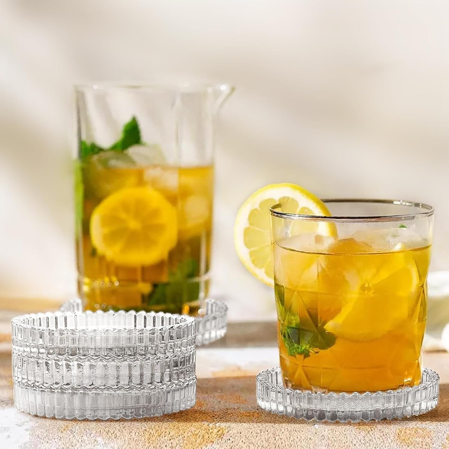 Delsol Drink Coasters Set of 5 for Coffee Table Decor, Glass Coasters for Drinks Cups Home Decor Products Housewarming Gifts Office Coffee Bar Accessories Dining Table (Clear) - Amber image number 6