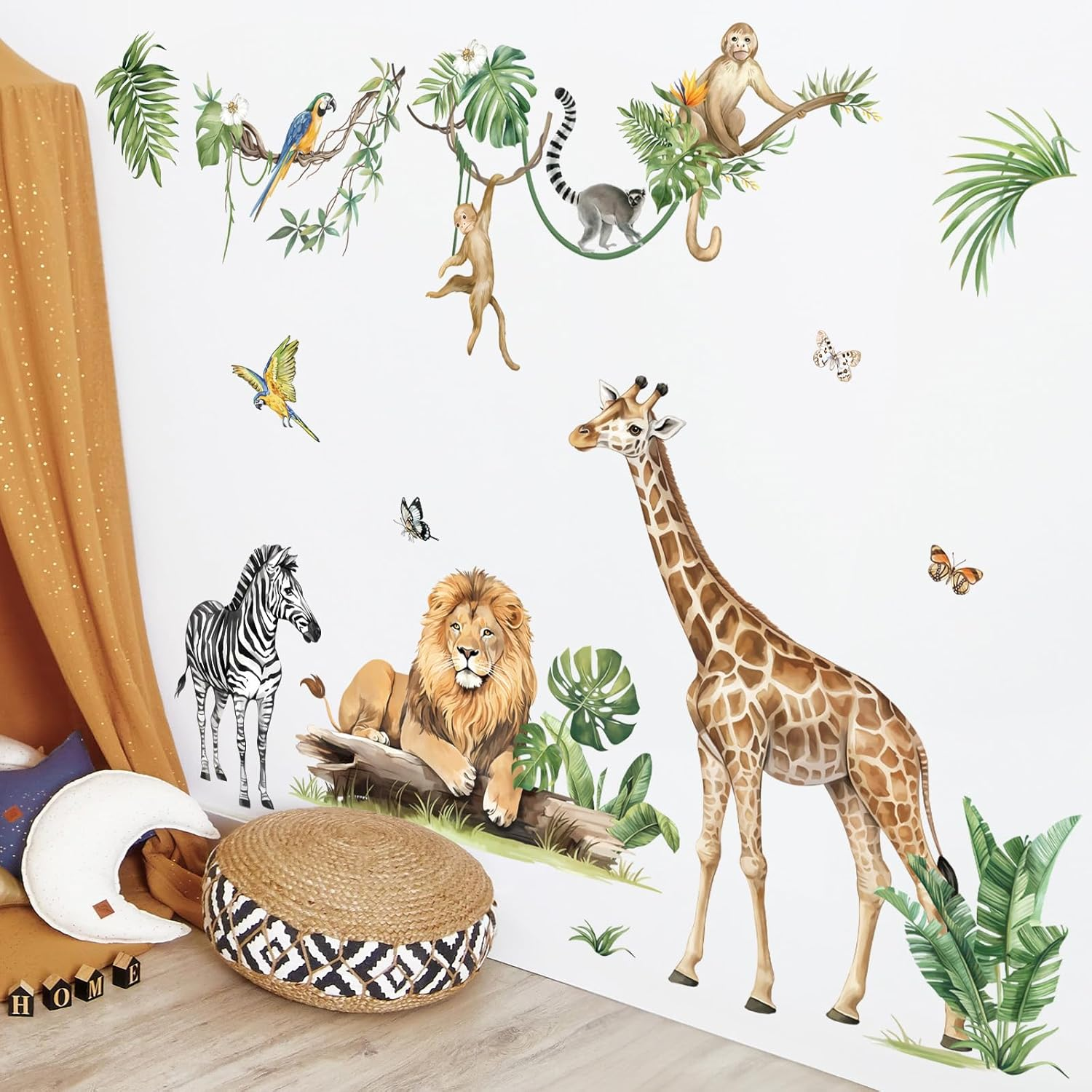 Decalmile Large Jungle Animal Tropical Leaves Wall Decals Safari Tree Lion Giraffe Monkey Wall Stickers Baby Nursery Kids Bedroom Living Room Wall Decor image number 2