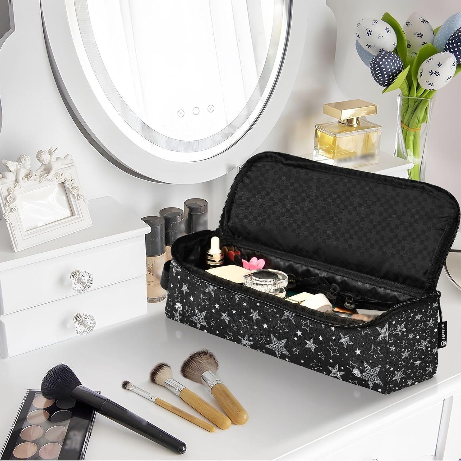 Hair Tools Travel Bag with Heat Resistant Mat Detachable 2-In-1 Curling Iron Travel Case Hot Tools Organizer for Straightener Flat Iron Black Stars - Black Stars image number 3