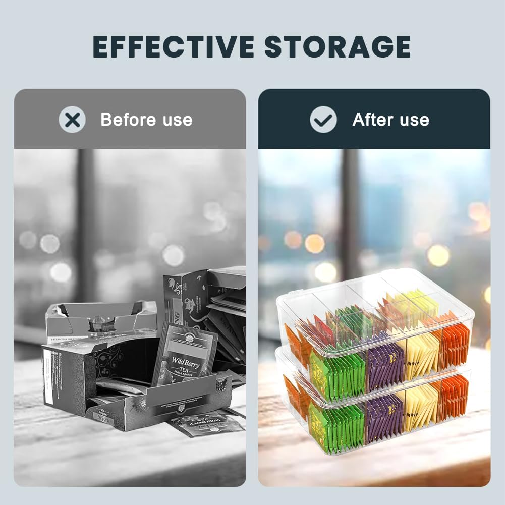 2 Pack Stackable Tea Bag Organizer, 8 Sections Clear Plastic Storage Bin for Coffee Pods, Sugar Packets and Condiments, Space-Saving Kitchen Cabinet and Countertop image number 6