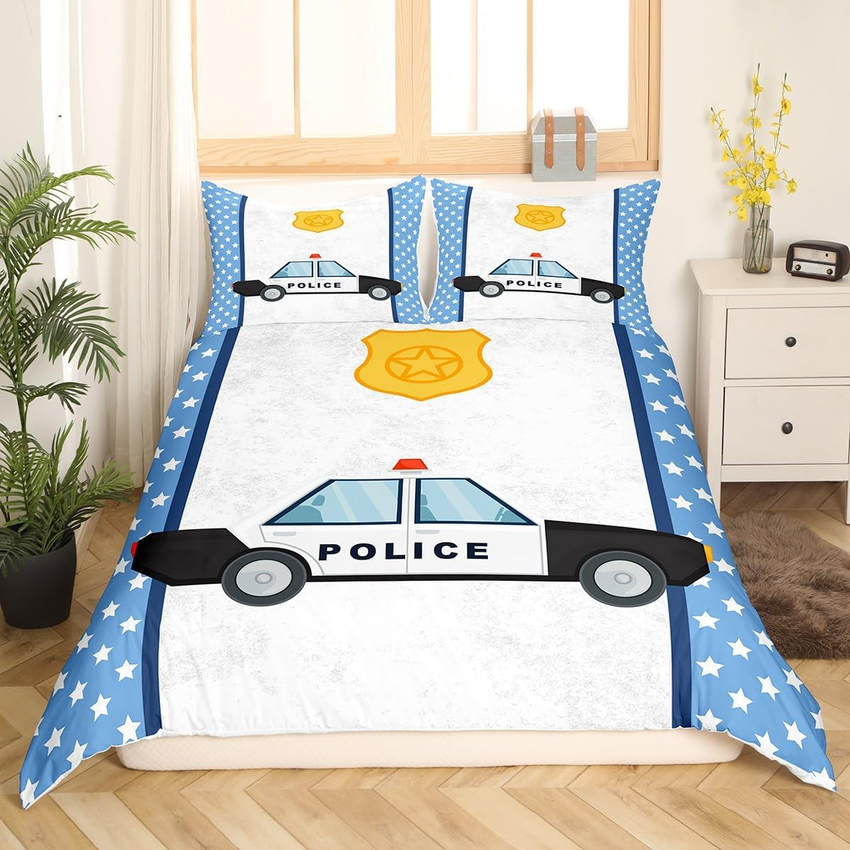 Police Car Children'S Duvet Cover Set, M Size, Stars Cartoon Cute Bedding Set, Boys Girls Women, Cartoon Police Vehicles Comforter Cover, Blue White Fashion Quilt Cover, 1 Pillowcase