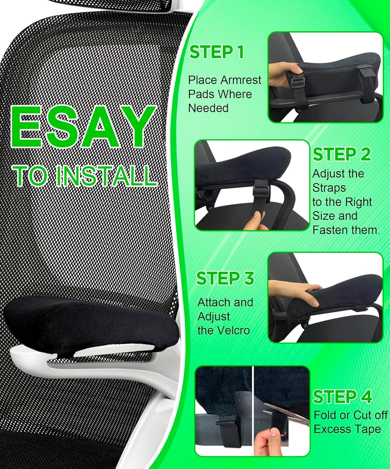 Ergonomic Office Chair Armrest Pads, Memory Foam Cushion Arm Rest Pad Covers Suitable for Gaming Chairs, Wheelchairs and Desk Chairs (Set of 2) Black1 image number 6