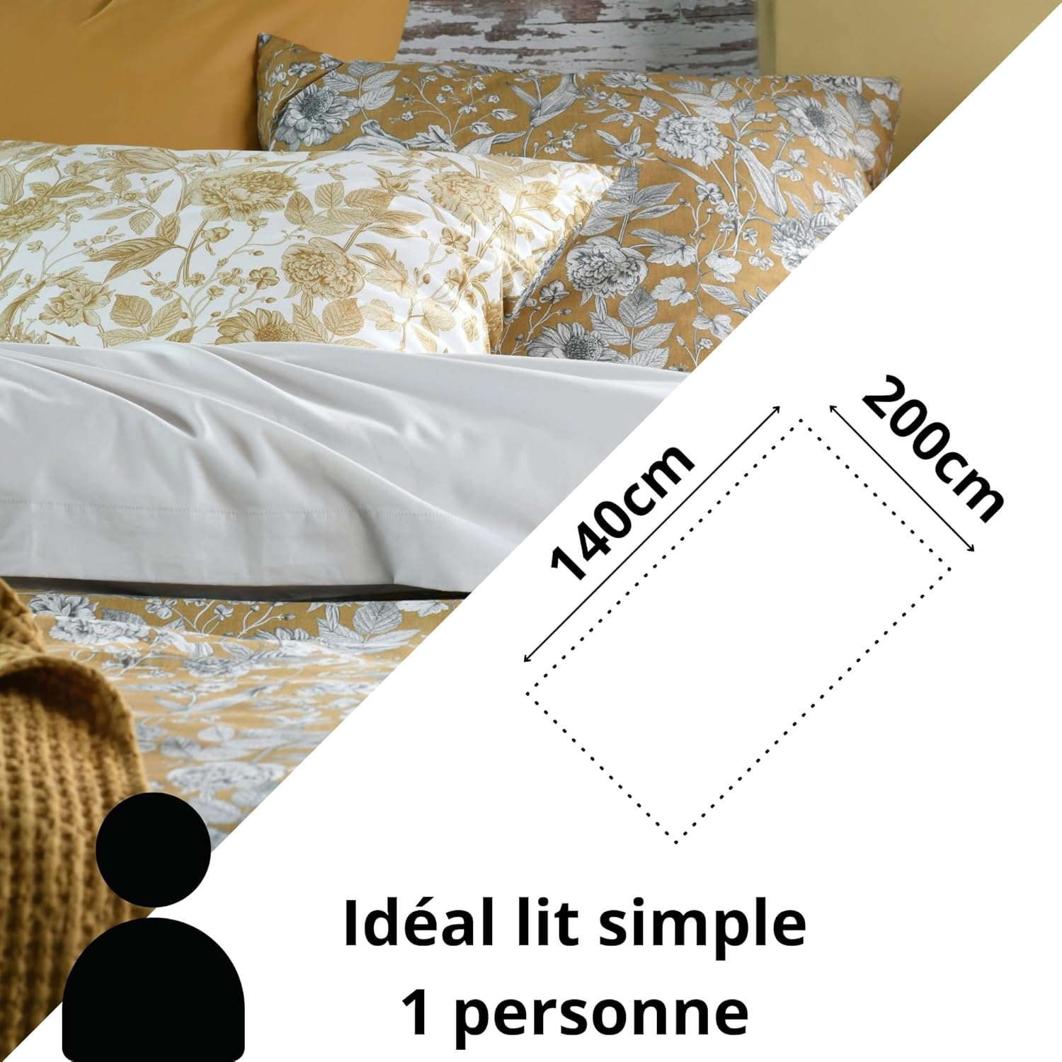 STOF - Duvet Cover &ndash; Size 140 X 200 Cm &ndash; Cotton Percale Quality &ndash; 100% Oeko-Tex Certified Cotton &ndash; Gold &ndash; Yellow &ndash; Hyacinth Model &ndash; Bed Linen &ndash; Single Bed &ndash; Classic &ndash; Charming image number 4