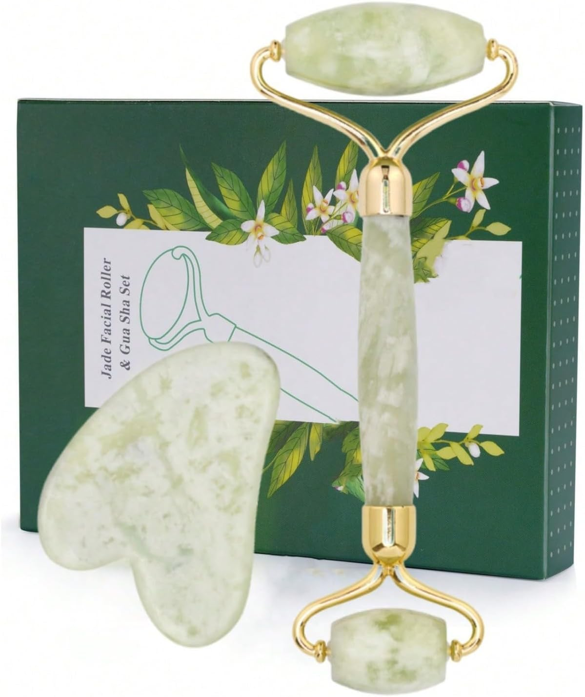 Gua Sha Stone & Jade Roller Gift Set, Anti-Aging Natural Facial Roller Jade Gua Sha Set, Beauty Face Roller for Rejuvenate Skin & Remove Wrinkles (Light Green Set) image number 4