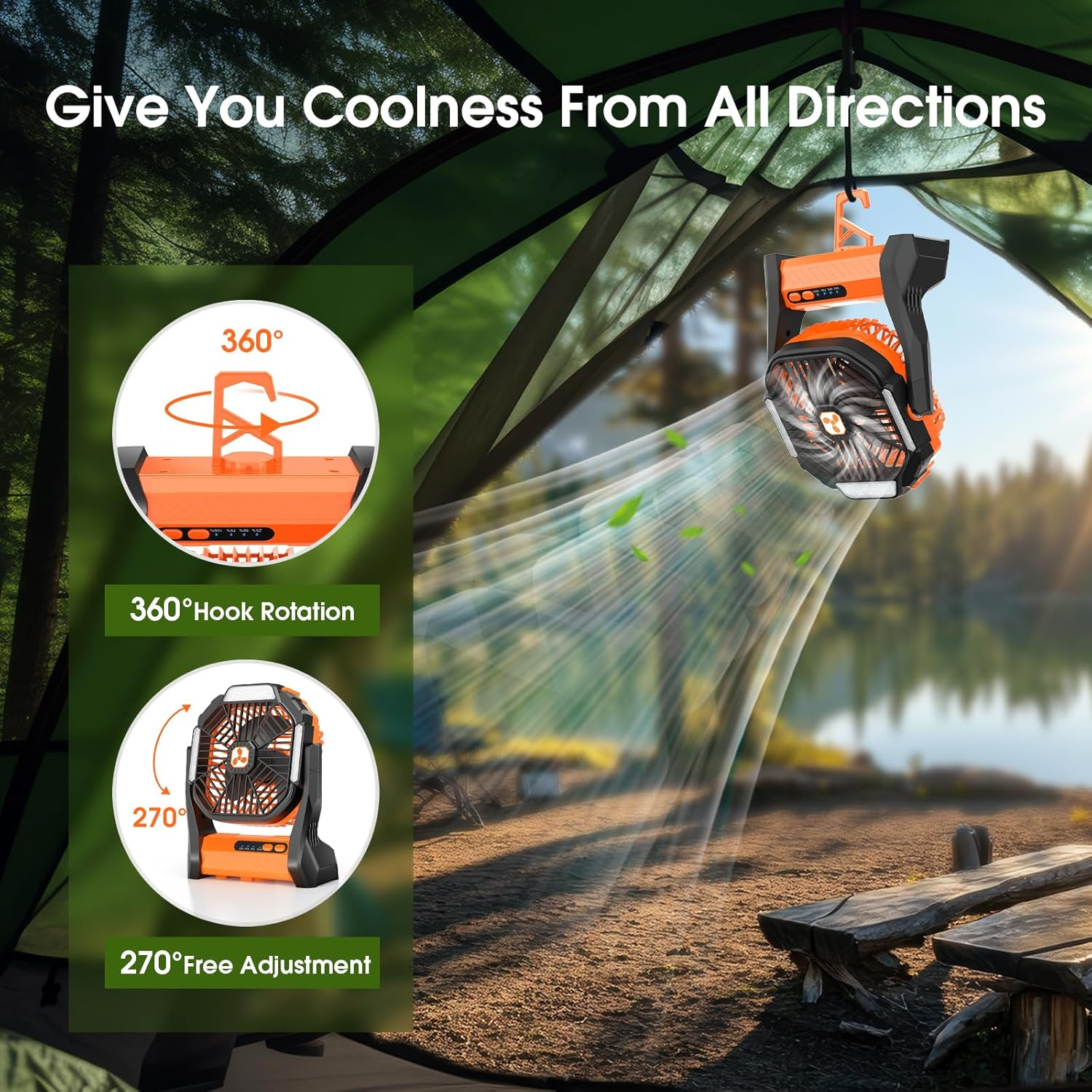 PDBEST Portable Rechargeable Fan, 20000Mah Cordless Rechargeable Battery Powered Camping Tent Fans with Sos & Led Lantern, 4 Speeds, Usb Desk Fan for Travel, Camping, Fishing, Indoor Orange image number 6