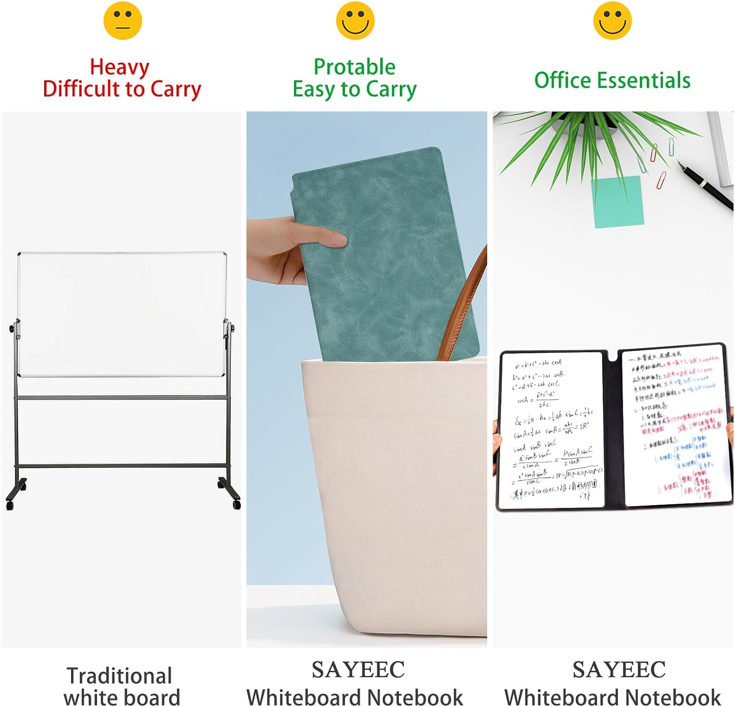 SAYEEC Whiteboard Notebook, Portable Dry Erase Board with 3 Colors Fineliner Pens, Blue PU Cover Erasable Handheld White Board Reusable Drawing Notebook Easel Pad for Meeting, Business, Office, School - Black image number 2