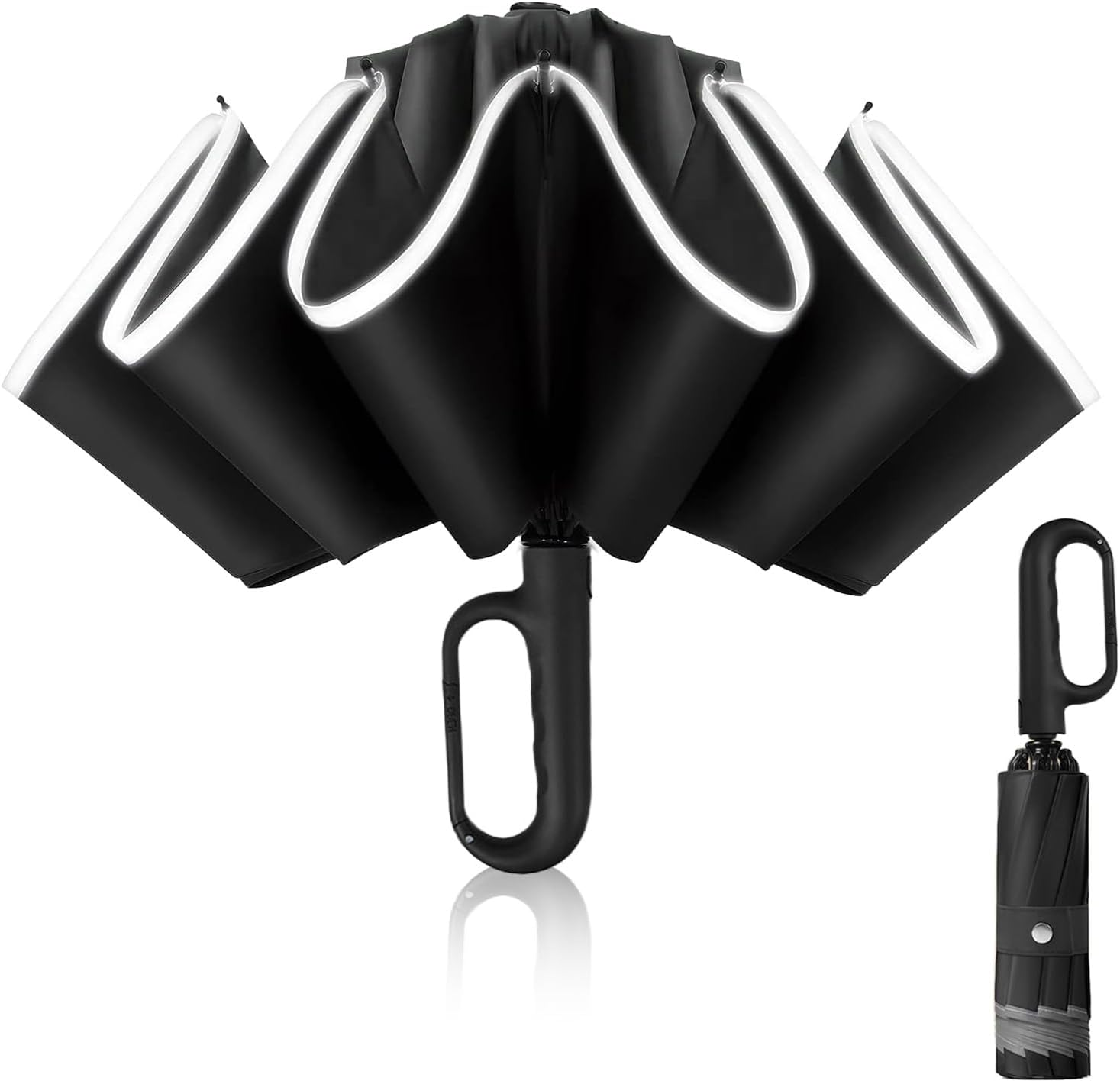 Folding Umbrellas, Automatic Extra Large Compact for Sun & Rain &ndash; Windproof Travel Parasol with Hooking Handle, Inverted Dry Close & Safety Reflective Strips (Black) image number 5