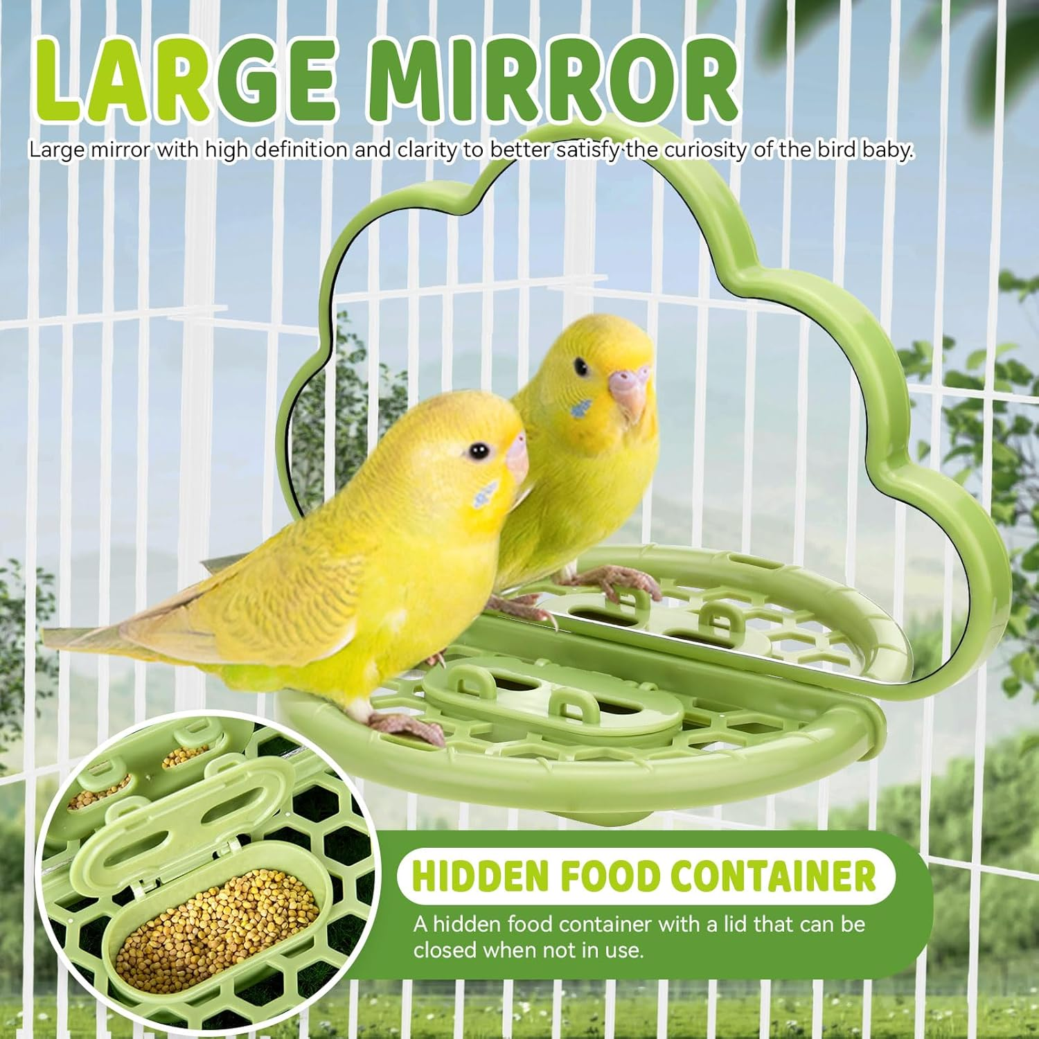 Bird Mirror, Bird Cage Mirror, Bird Toy Bird Cage Mirror for Parakeets, Bird Cage Feeders, Bird Perches for Cage, Bird Cage Accessories (Beige, Green) 2 Pack image number 4