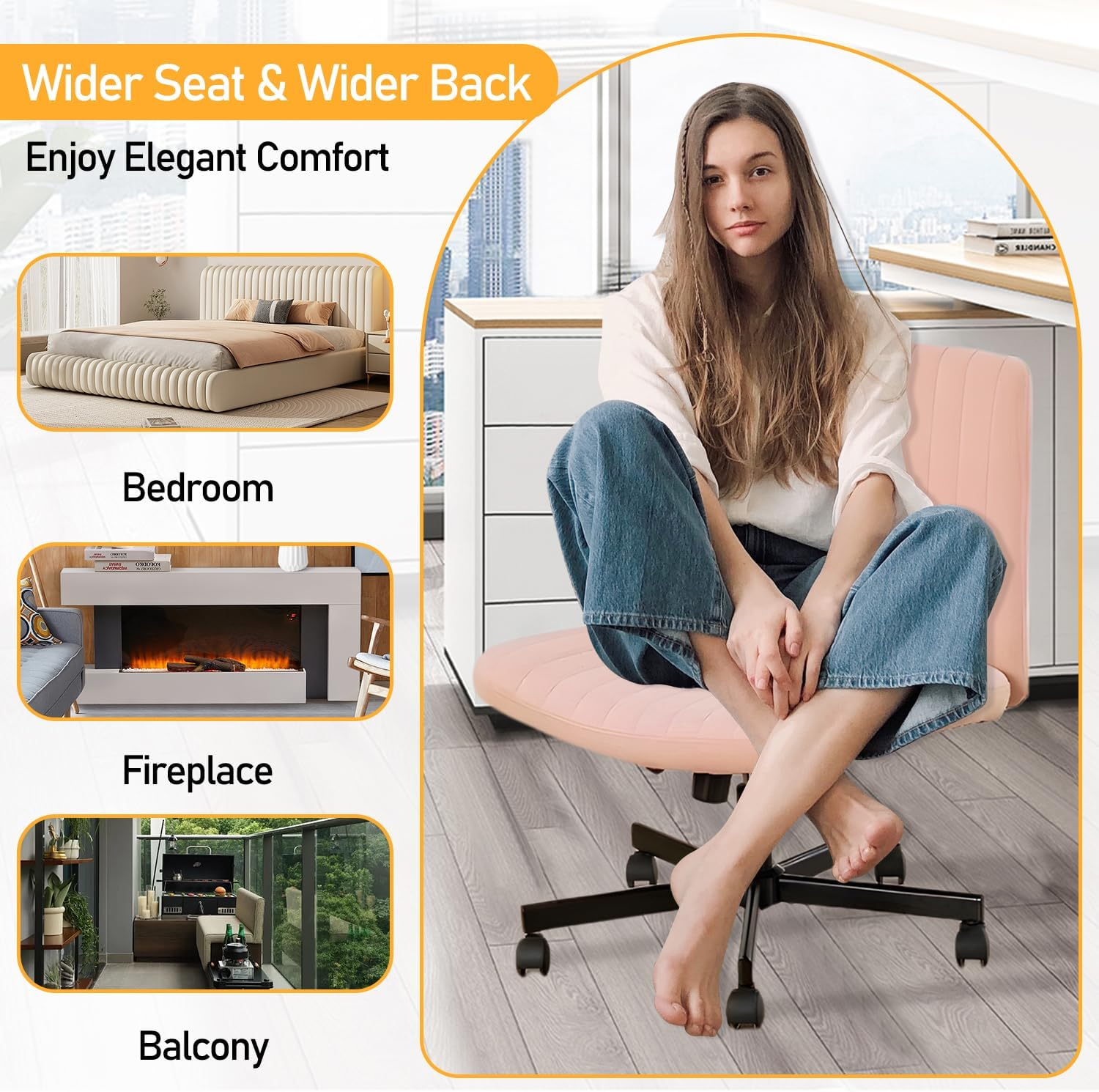 Uandhome Armless Office Chair with Wheels,Ergonomic Wide Seat Fabric Cross Legged Desk Chair, Swivel Computer Chair for Home Office, Modern Vanity Chair image number 5