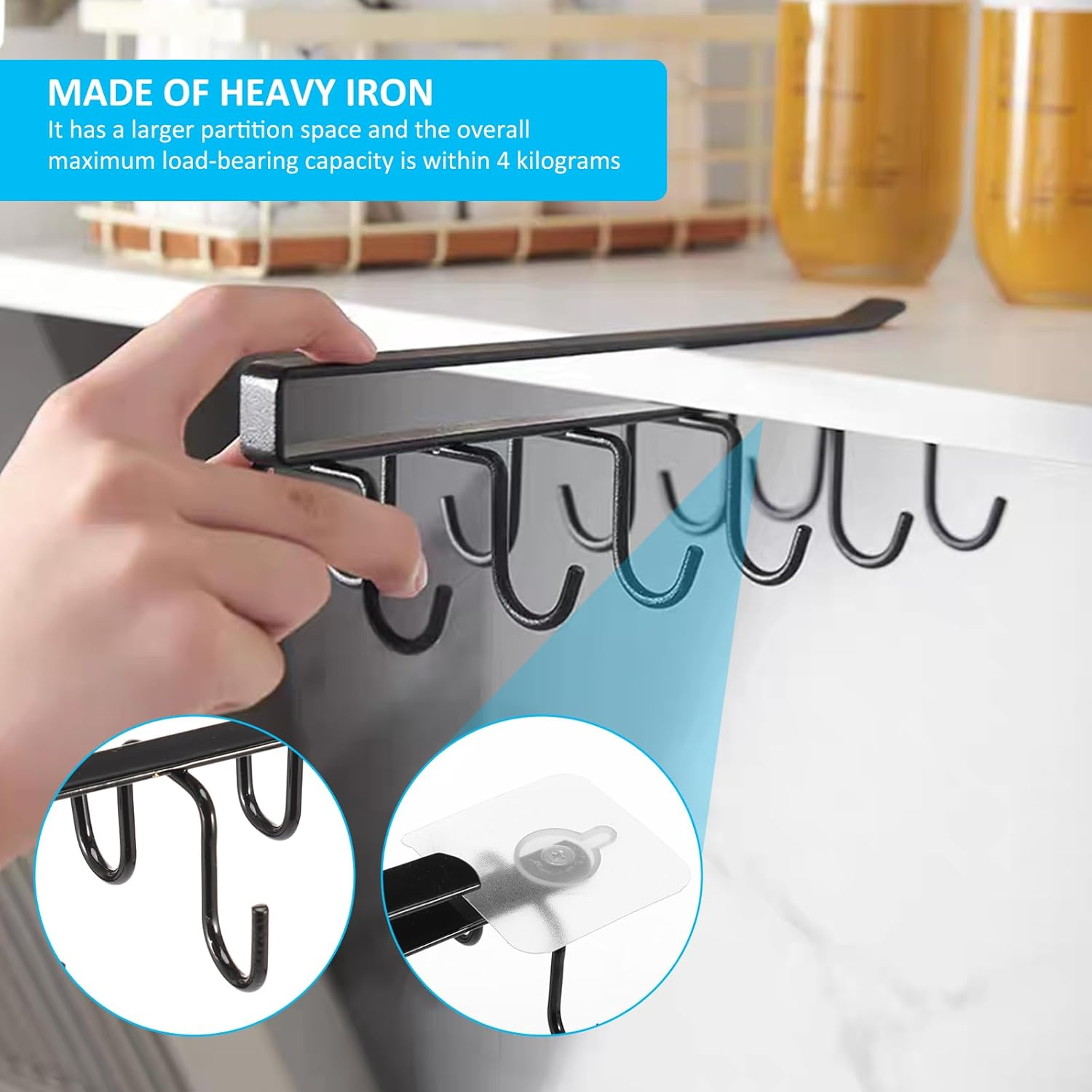 Fwqofvk 2Pcs Iron Shelf Mug Hanger with 12 Hook, Stable Hanging Cup Hook Organizer Rack, under Cabinet Double Row Mug Rack No Nail for Bathroom Kitchen 25.5&times;8&times;7Cm image number 3