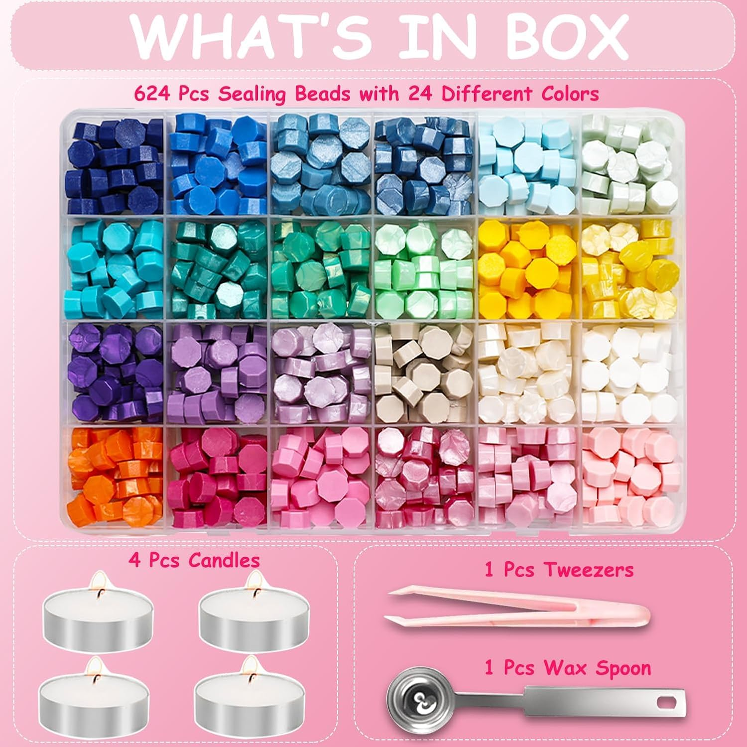 630PCS Sealing Wax Beads Set, 24 Color Beads with Wax Spoon, Tea Candles, Tweezer for Envelope Seals, Invitations, Letters, and DIY Crafts (#01) - 02 image number 2