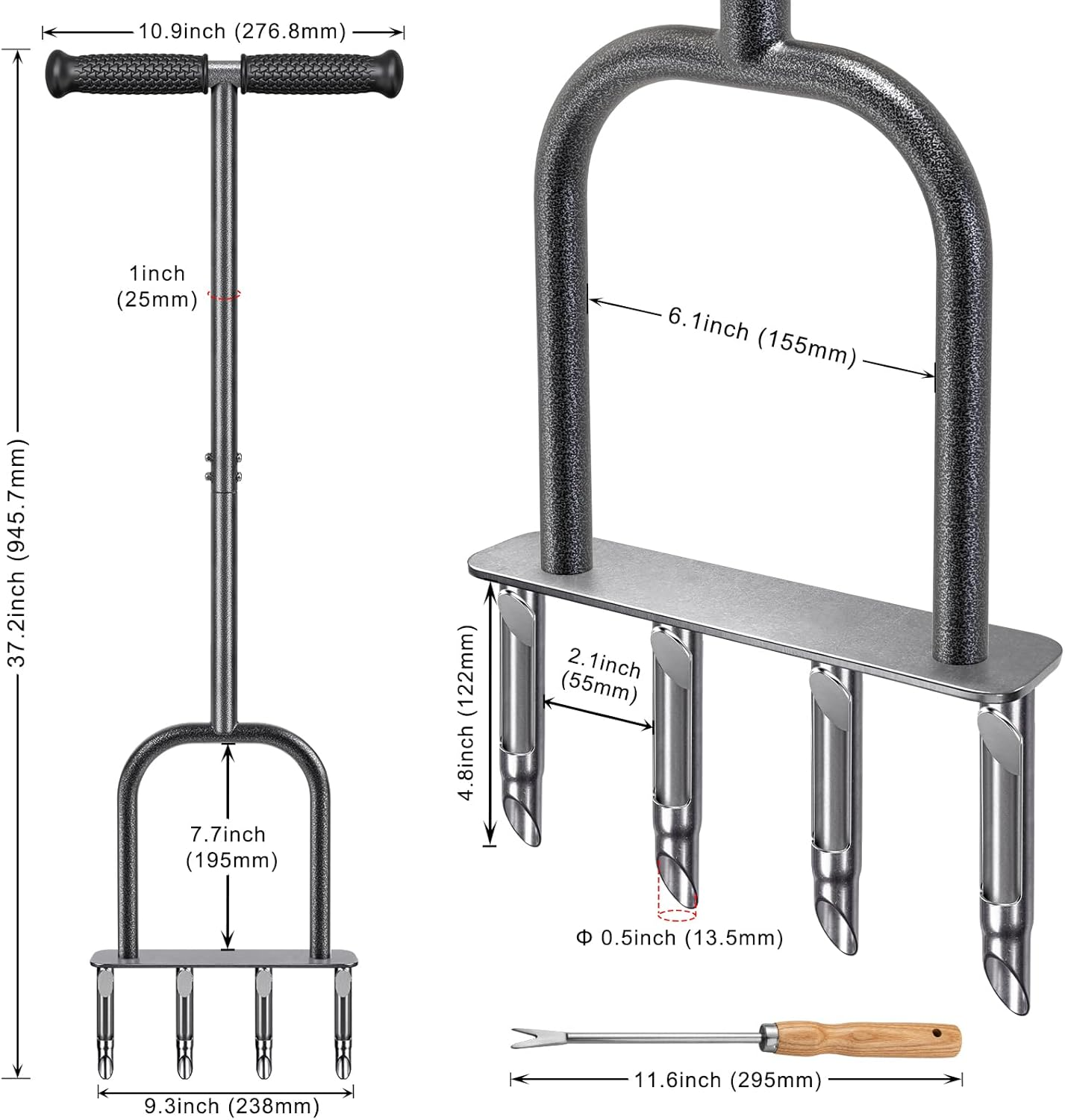 Dolibest Manual Aerator Lawn Tool, Manual Yard Plug Aerators with 4 Stainless Steel Semi-Open Plugs, Pre-Assembled Manual Grass Aerating Tool & Clean Hand Tool, Improving Lawn Health -37Inch image number 6