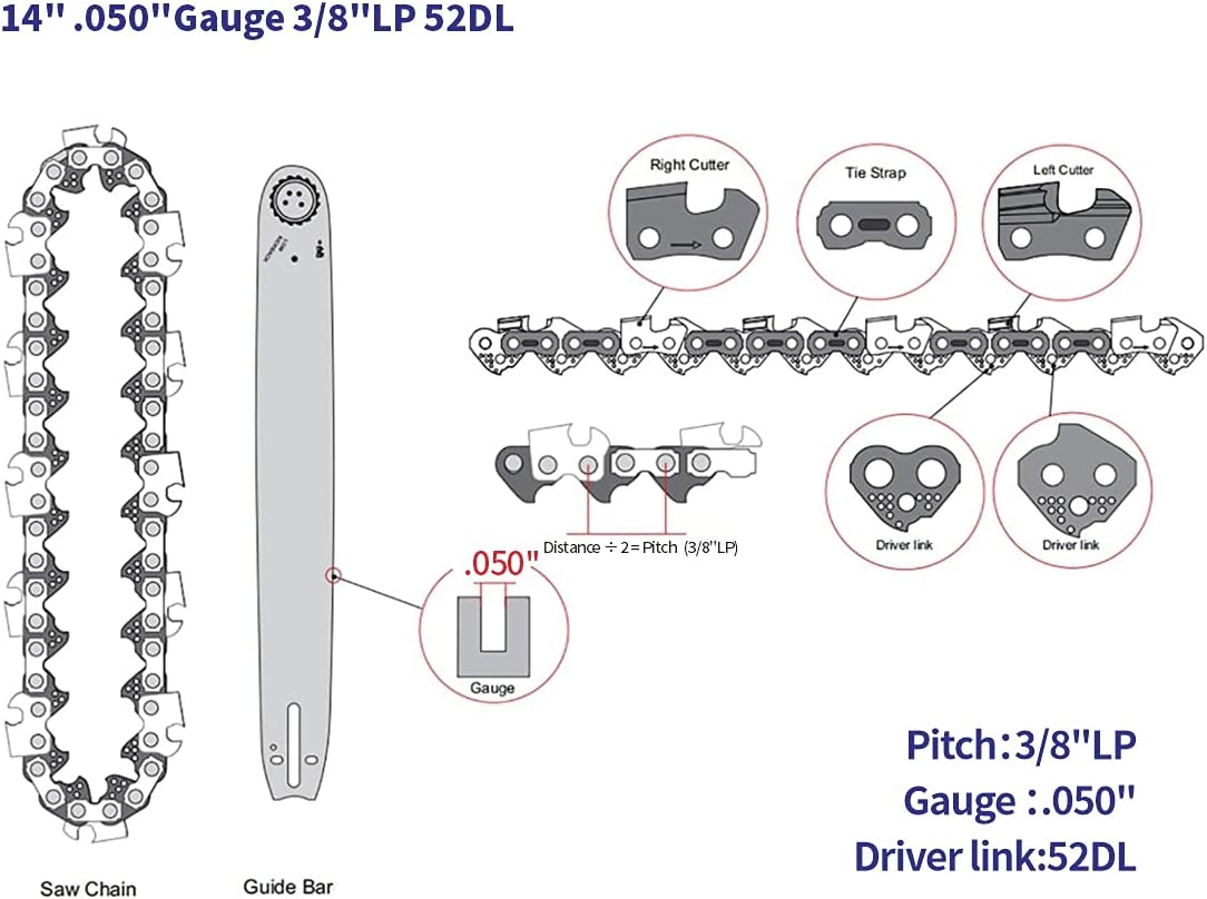Abroman 2 Pack S52 Advancecut 14-Inch Chainsaw Chain 3/8 LP .050" 52 Drive Links 91VXL052G 63PM52 Compatible with Craftsman Poulan Ryobi Homelite Echo Greenworks SWJ699E Sun Joe Saw image number 4
