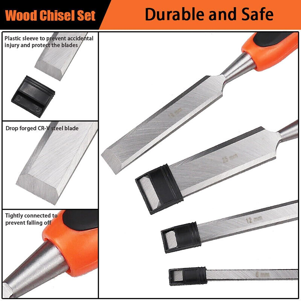 AIMALL Woodworking Chisel Set &ndash; Chrome-Vanadium Steel Blades, Rubber Handles, Flat Edge, 6-Piece Manual Woodworking Tools image number 4