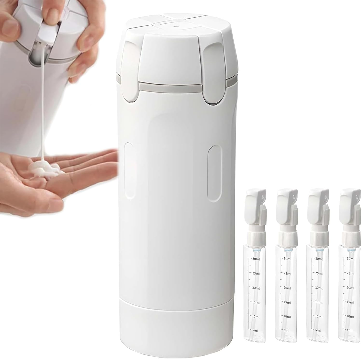 4 in 1 Travel Dispenser Bottle, Portable Containers for Shampoo Lotion Conditioner Cream, Transparent with Scale and Label for Business Trips Gym Camping (White)