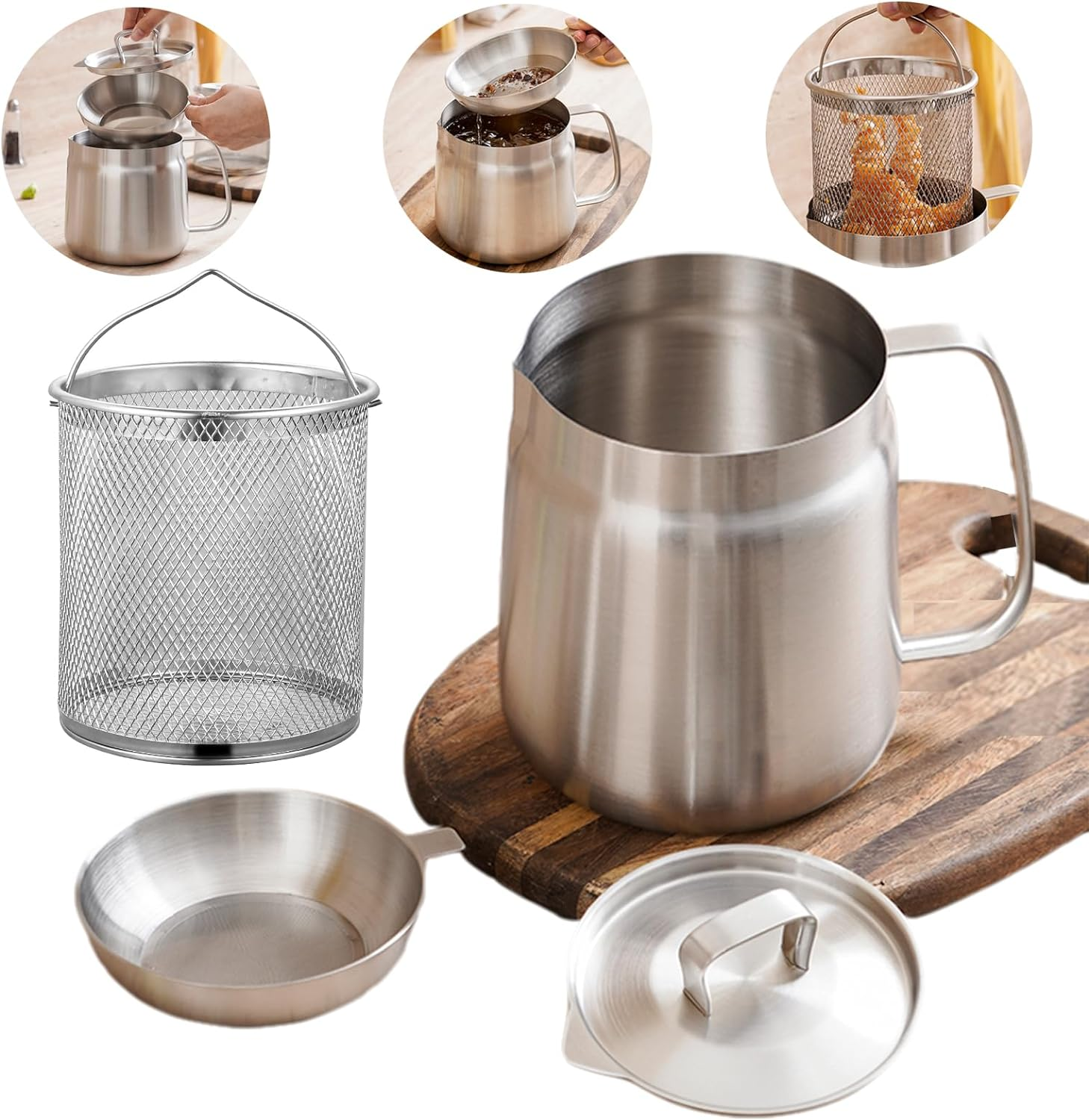 2L Stainless Steel Oil Filter Pot with Deep Fryer Basket - Kitchen Large Capacity Versatile Oil Strainer Vessel and Bacon Grease Saver for Cooking Grease (2.0L) image number 2