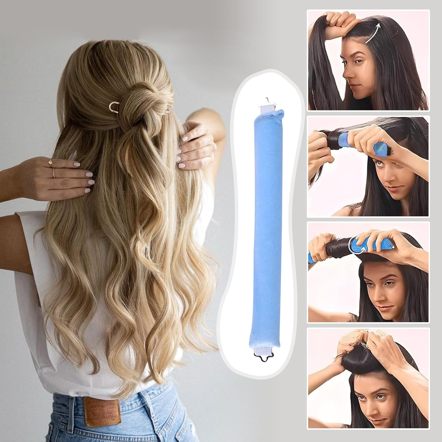 Pack of 3 Heatless Curls, Flexi Rods with Hooks, Overnight, for Different Hair Types, Long and Short Hair (Blue, M) image number 4