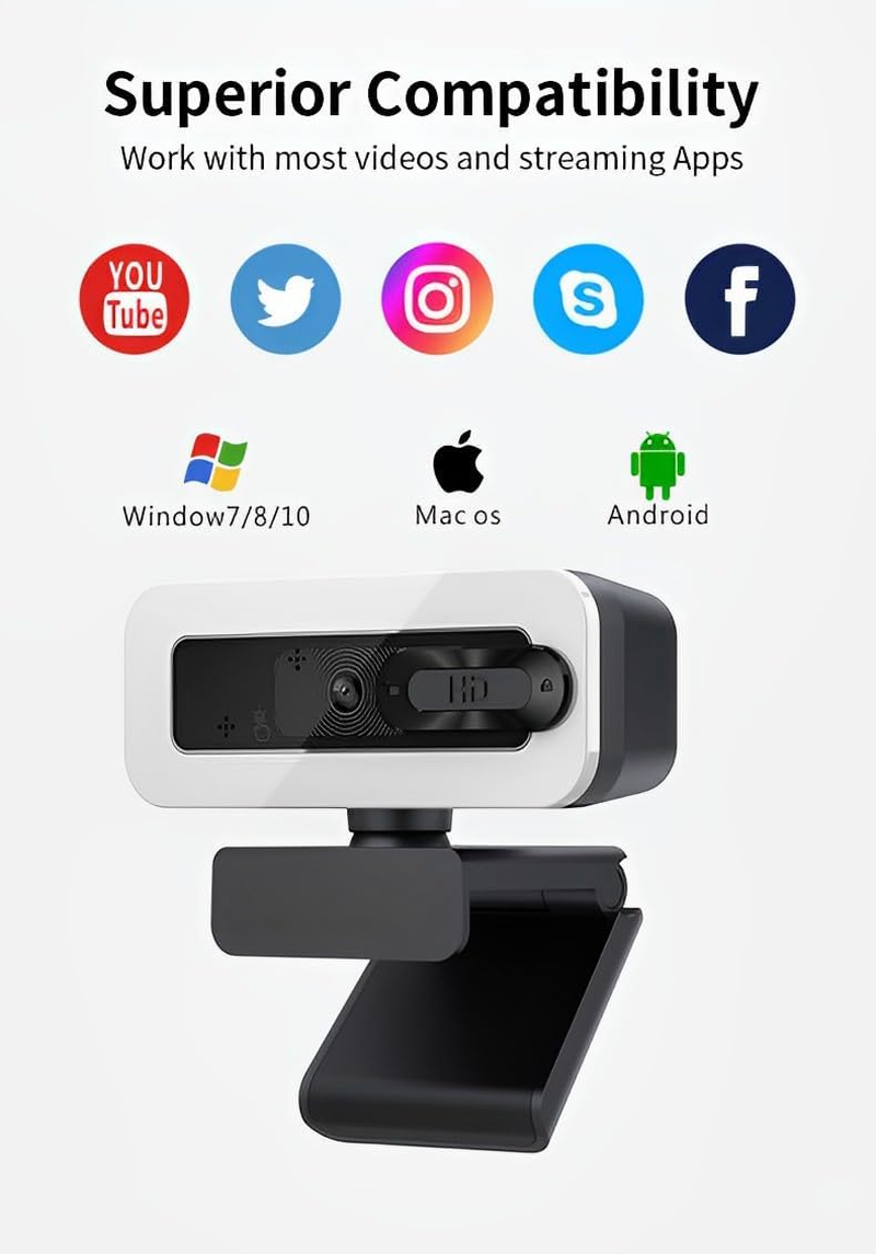 Webcam with Autofocus, USB 2K Computer Camera Ring Light & Privacy Cover for Video Conferencing, Streaming & Online Learning USB Plug & Play, Compatible with Windows/Macos/Linux image number 5