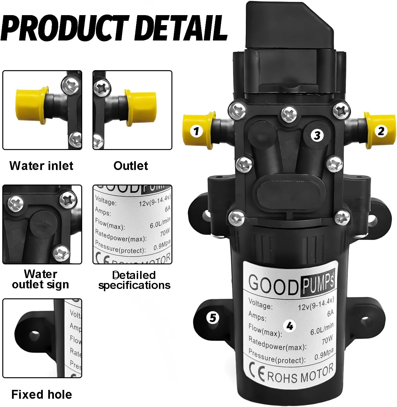 Yotsuba 12V Water Pump 6L/Min 70W 130PSI Pressure Self-Priming Caravan Camping Boat image number 5
