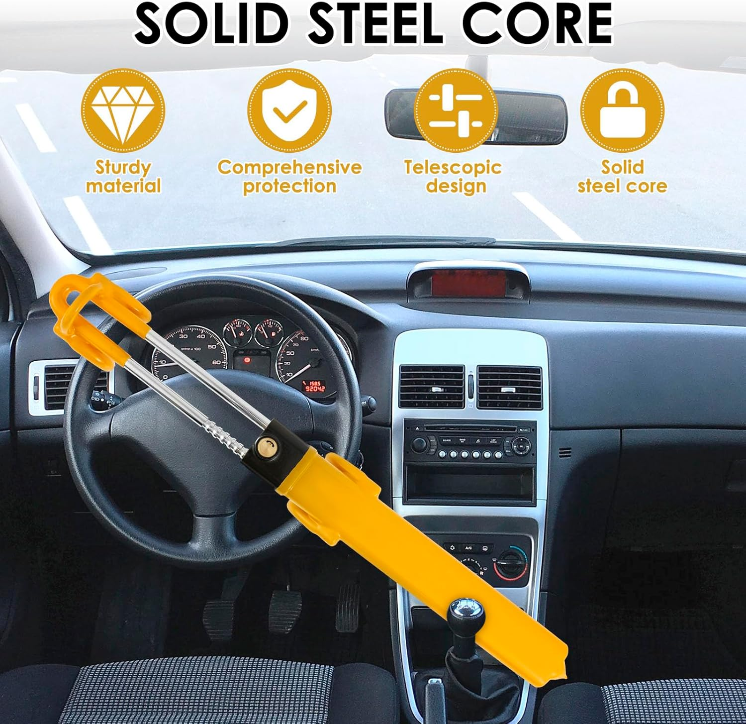 Steering Wheel Lock Anti-Theft Heavy Duty Car Device with 2 Keys Universal Car Steering Wheel Lock with Double Hooks Design Adjustable Length for Cars Trucks Vans and Suvs(Yellow, 1Pc) image number 3