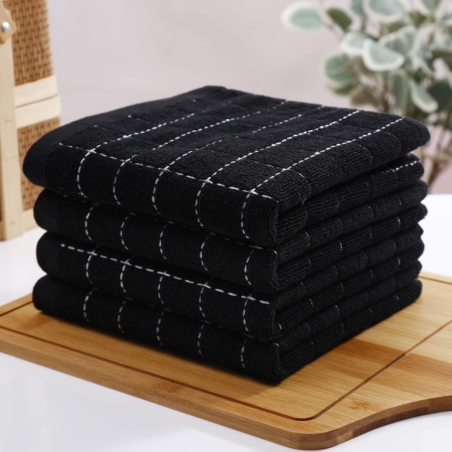 100% Cotton Terry Kitchen Towels(Black, 11.8 X 11.8 Inches), Checkered Designed, Soft and Super Absorbent Dish Towels, 4 Pack image number 4