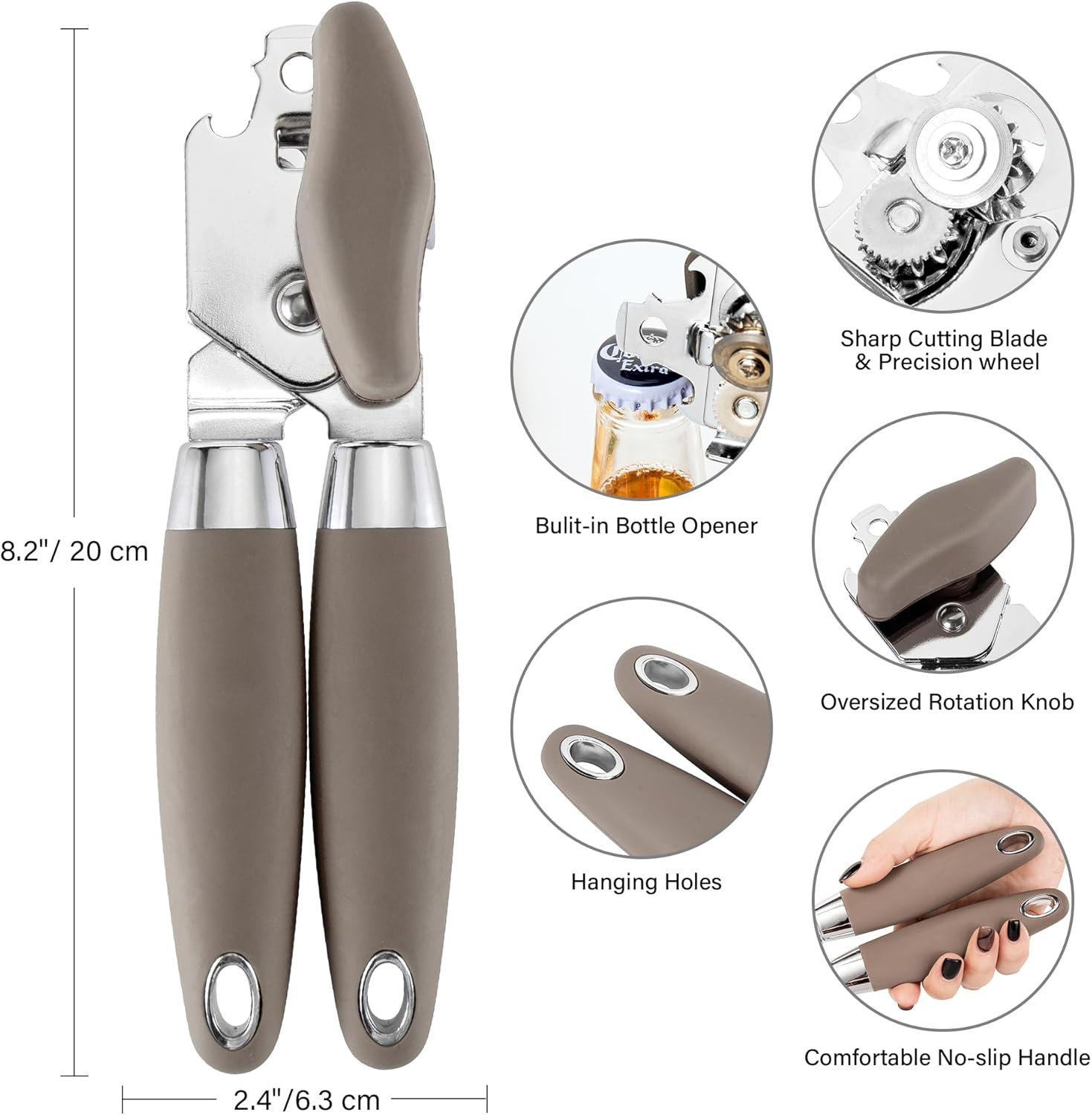 TJ POP Can Opener Manual, Multi-Purpose Heavy Duty Handheld Can Opener, Durable Stainless Steel Tin Opener, Super Sharp Cutting Wheel for Smooth Edge, Easy Turn Knob, Light Brown image number 6