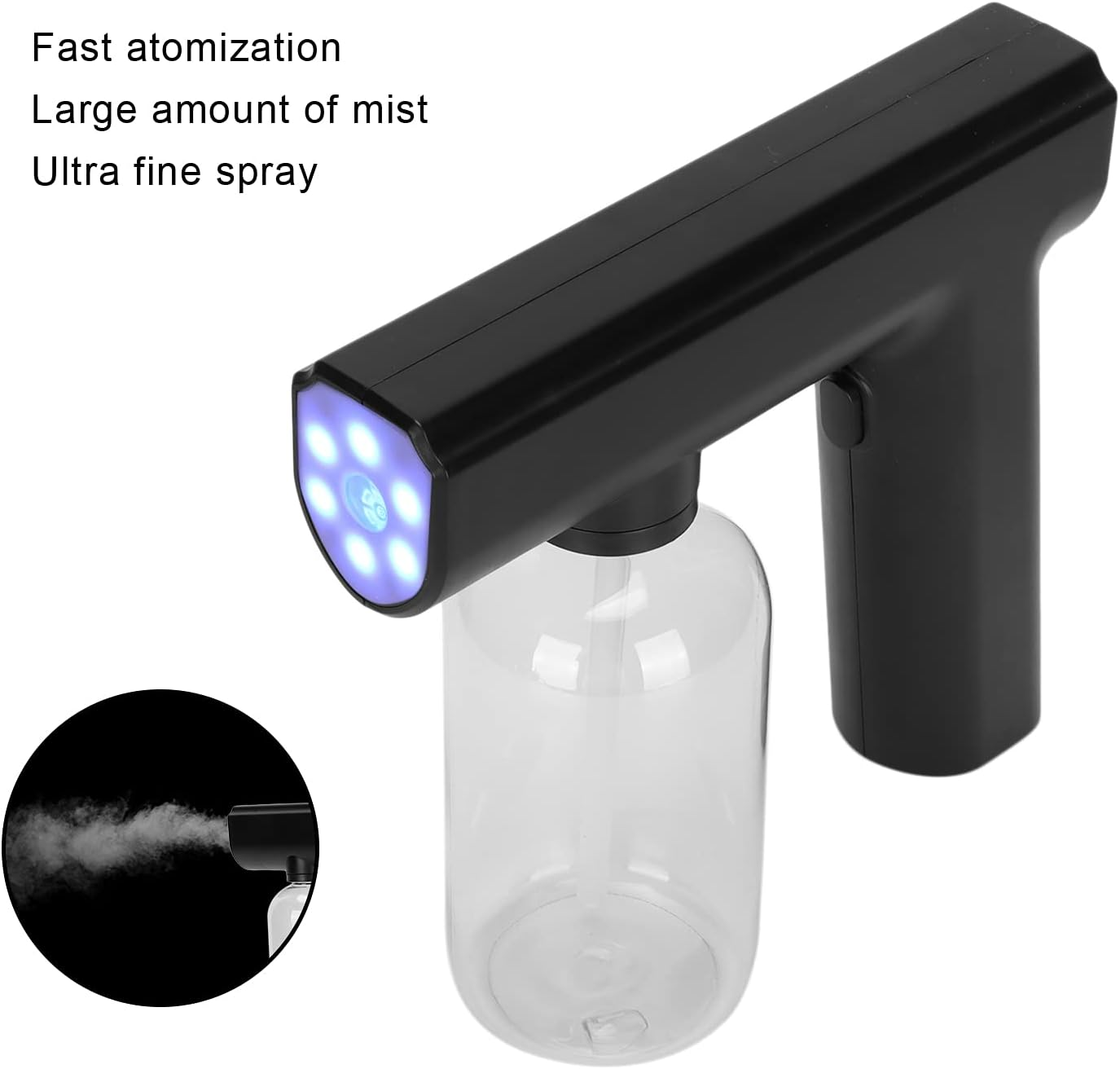 Nano Atomizer, 300ML Rechargeable Handheld Cordless Fogger Machine Electric Mist Steam Gun Portable Electrostatic Sprayer with Blue Light, 1500Mah Battery for Home Office School Garden(Black) image number 3