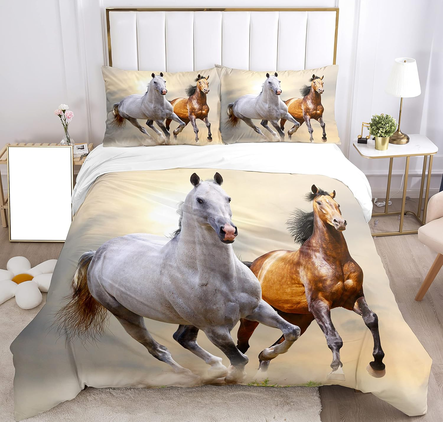 Bedding Set for Horses 3D Print, Children'S Bedding Set, Animal Horses Motif, Microfibre Duvet Cover Set with Zip and Pillowcase 50 X 75 Cm, for Children, Boys, Teenagers (Two Horses, 200 X 200 Cm)