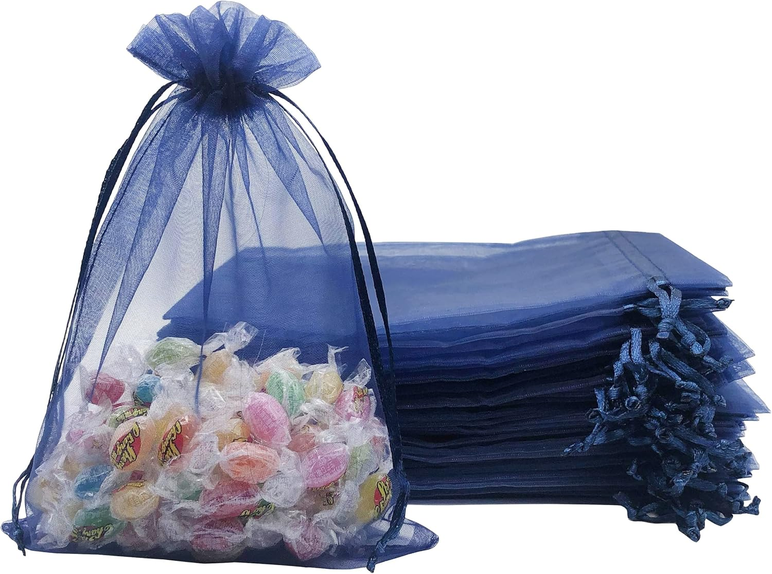 Jexila 100PCS Sheer Organza Bag 5''X7'' Royal Blue Mesh Bags Drawstring Jewelry Gift Bags Small for Baby Shower Wedding Party Pouch Favor Goodie Bags