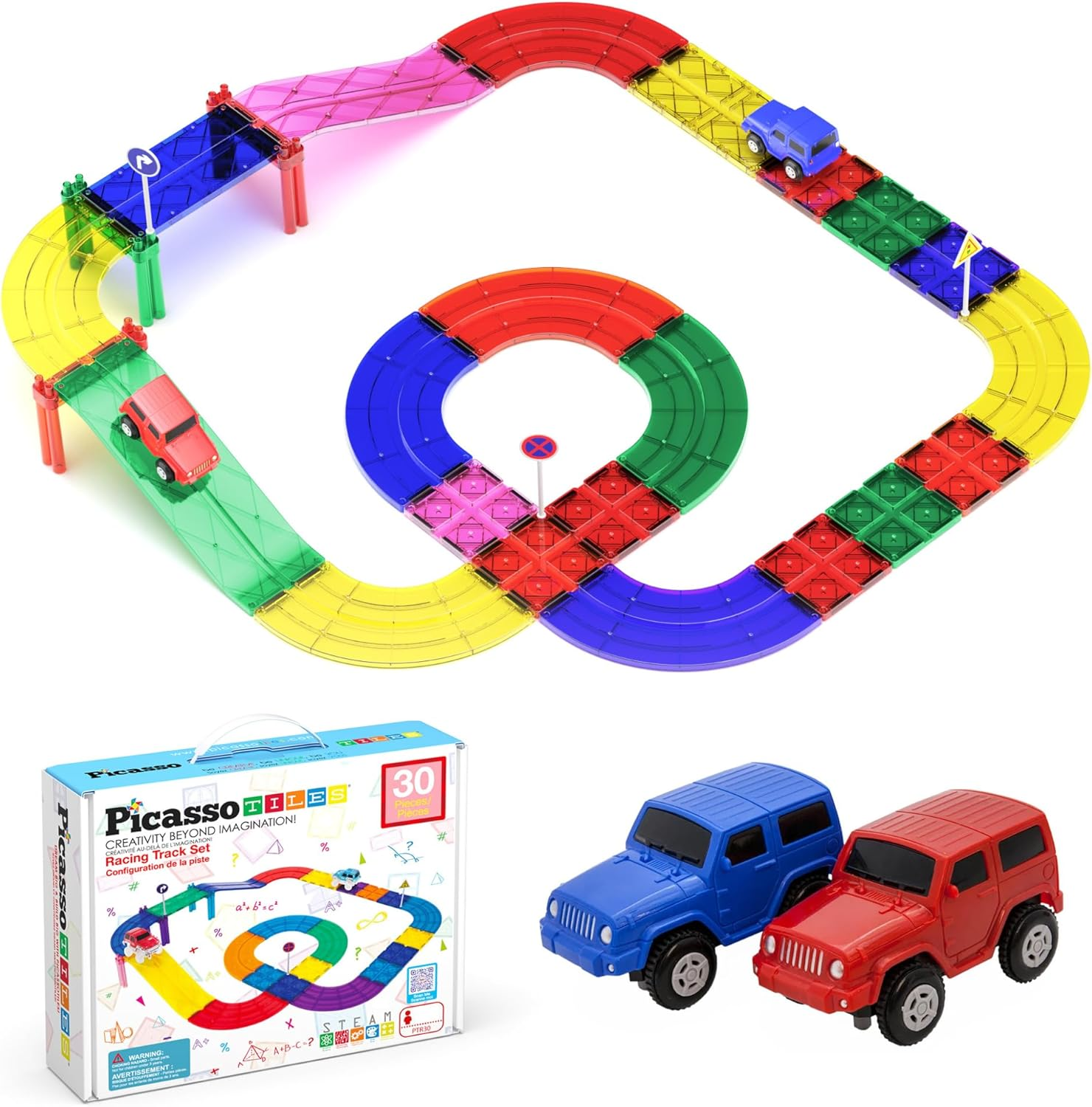 Picassotiles Magnetic Race Track Toys Car Tracks Set for Toddlers Magnet Building Blocks Tiles Sensory Toys for Kids Include 2 Trucks STEM Engage in Thrilling Races Age 3+ Year Old Boys Girls image number 6