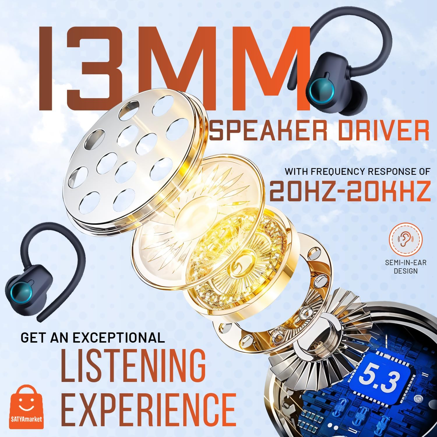 Satyamarket HE-059 Wireless Earbuds | Bluetooth 5.3 Sport TWS with Earhooks, Dual LED Display, Deep Bass Stereo Noise Cancelling, Works with Iphone, Android, and Bluetooth Devices - Black image number 5