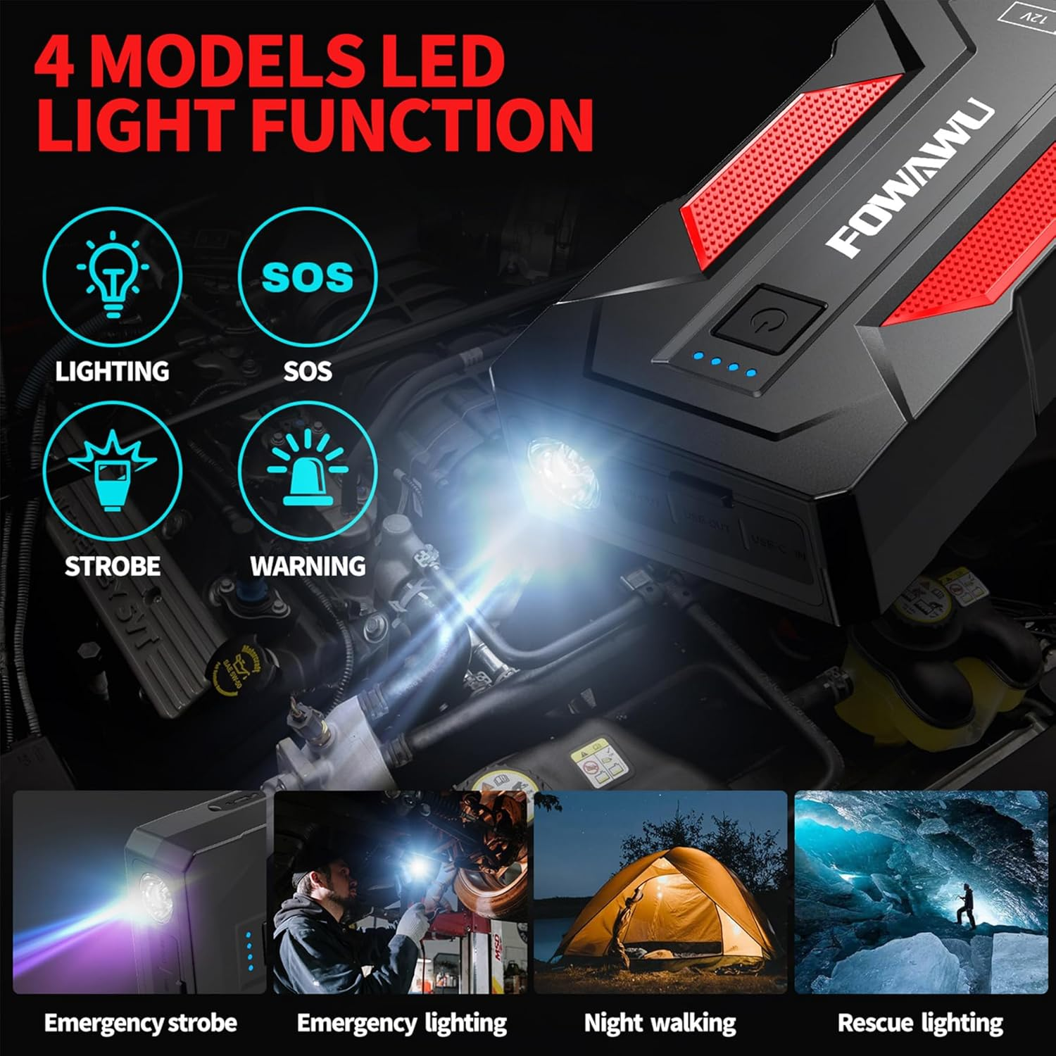 FOWAWU 6000A 22800Mah Car Jump Starter (9.5 L Gas,7.5 L Diesel), 12 V Car Battery Jump Starter, Battery Jumper Starter Portable with USB/LED Light image number 4