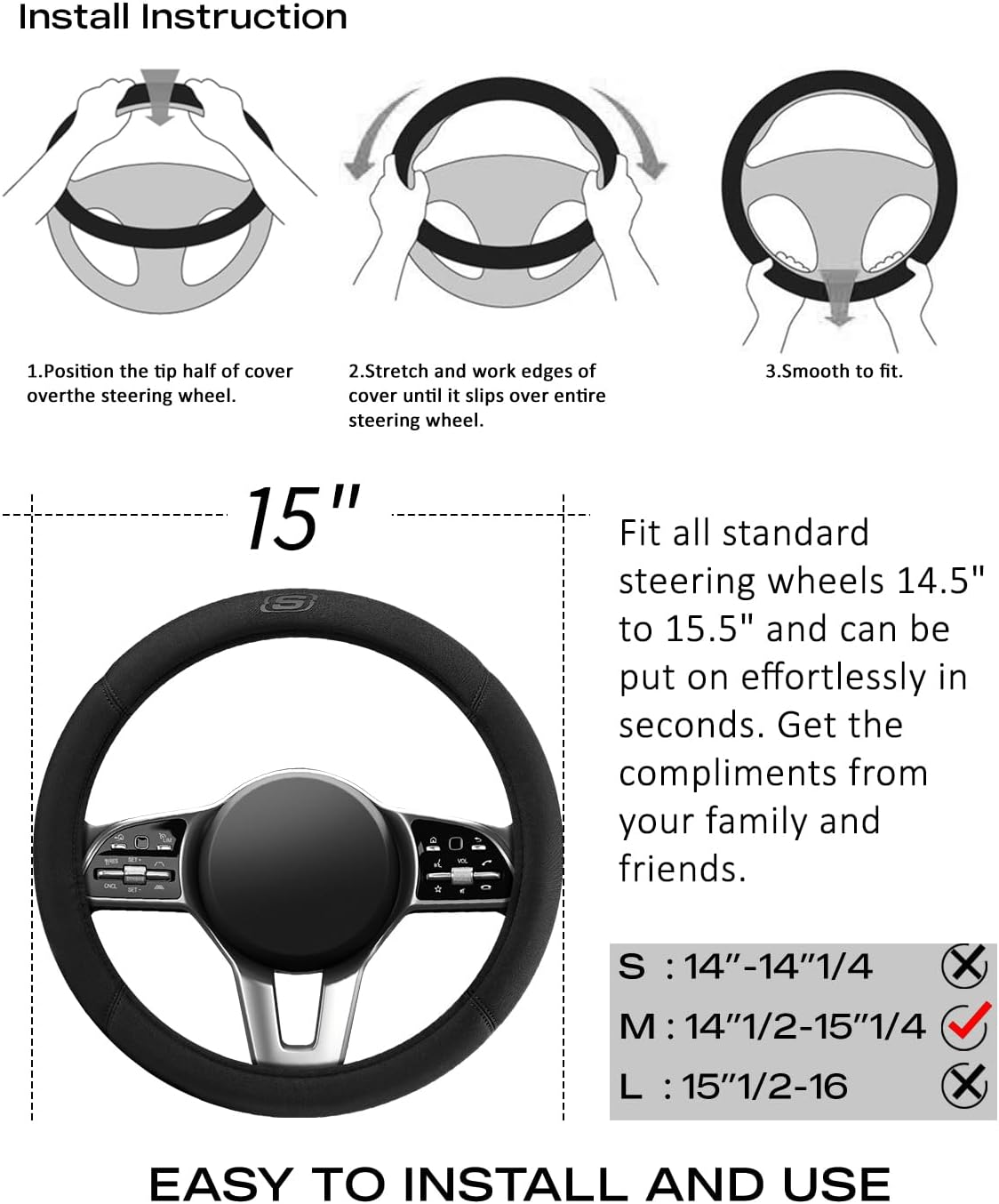 Skechers Steering Wheel Cover, Memory Foam Car Steering Wheel Covers,14.5-15Inch Anti-Slip Safety Comfortable Desgin Universal Fits for 95% Truck,Suv,Cars(Black) image number 1