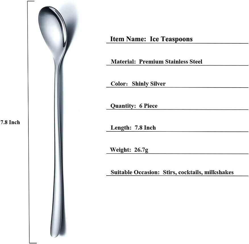 Long Handle Spoon, Coffee Stirrers, Premium Stainless Steel Coffee Spoons, Ice Tea Spoons, Ice Cream Spoon, Cocktail Stirring Spoons, Tea Spoons, Set of 6 (Silver) image number 1