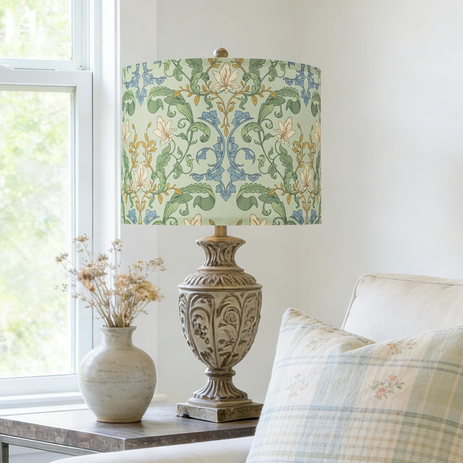 AELS Vintage Lamp Shades Set of 2, Green Botanical Fabric Drum Lampshades for Table or Floor Lamps, 13X13X10 Medium Size (Spider Fitter), Easy Assembly Required image number 6