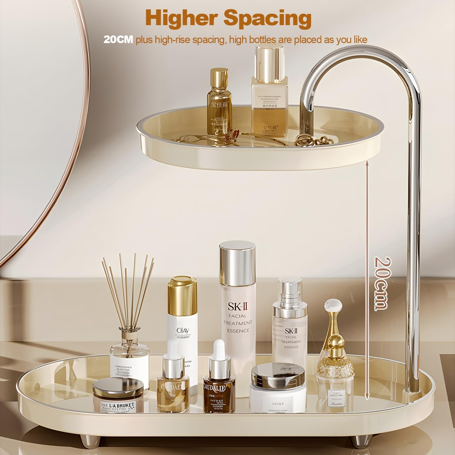 Makeup Perfume Storage Box,Spinning Skincare Cosmetic Organiser 2 Tier Large Beauty Spinny Make up Storage Organiser Shelf for Perfume, Jewellery, Dresser, Vanity, Bedroom, Bathroom (Cream White) - Black image number 2