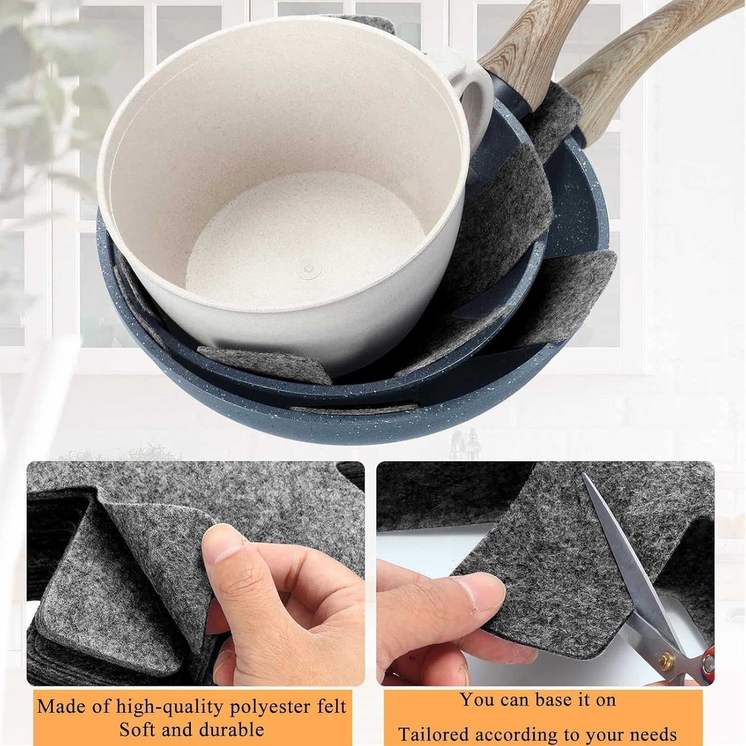 Pan Protectors, Pack of 18 Pan Protectors, Stacking Protection, Grey Felt Mats in 3 Sizes, 28 Cm/24 Cm/17 Cm, Pot Protectors for Kitchen Utensils, Pan Protector, Felt, Ideal for Camping and Household image number 4