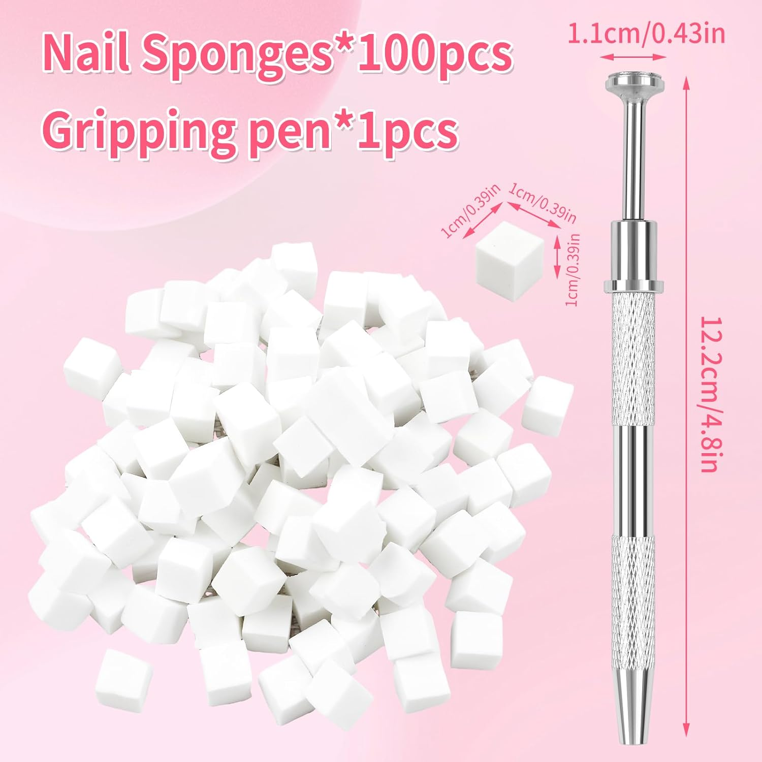 BQAN Nail Sponges for Ombre, 100Pcs 0.39" Nail Art Sponge with Gripper Pen for Nail Art Manicure Nail Art Tools for Nail Tech and Beginner (Silver)
