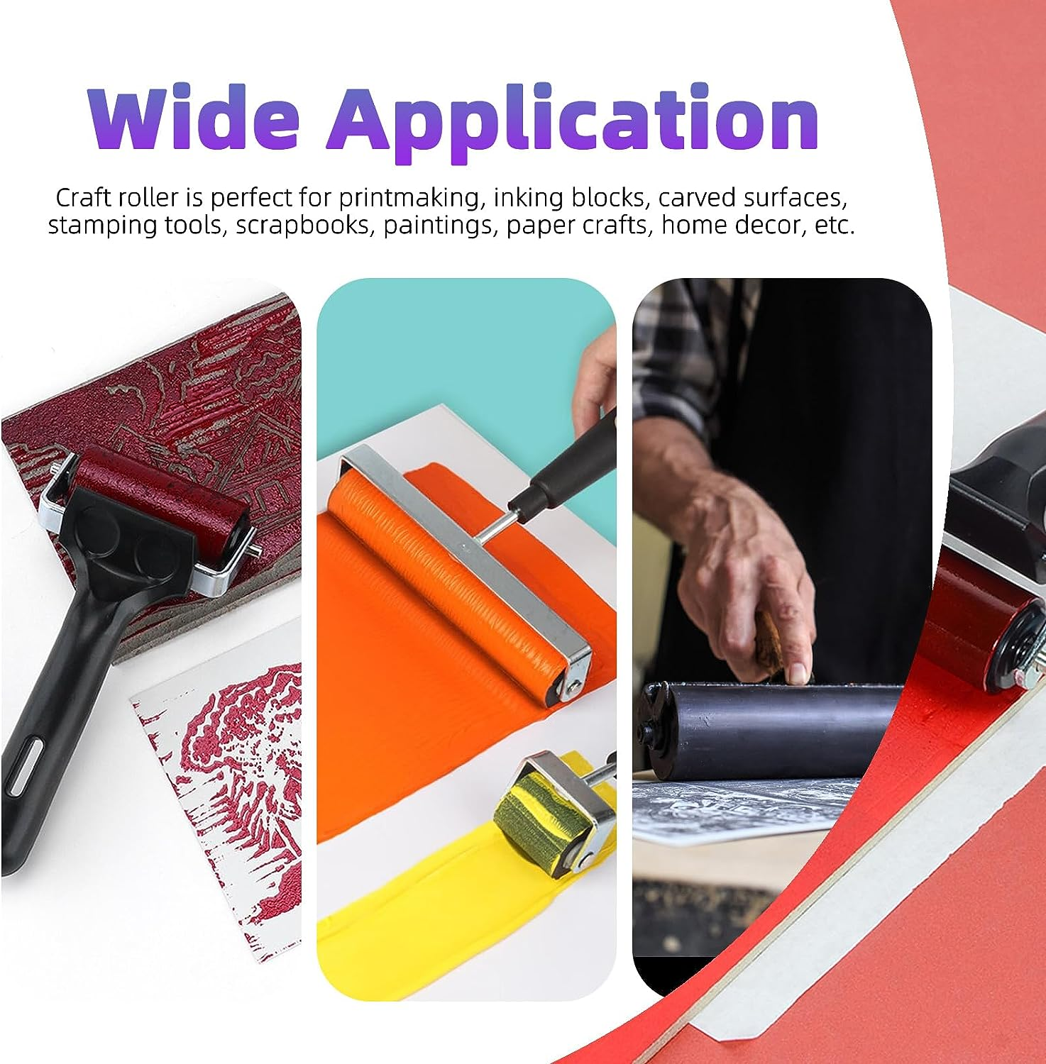 Swpeet 3 Pack Black Rubber Roller, Brayer Roller, Hard Rubber, Block Stamping anti Skid Construction Tools 2.2 Inch, 3.8 Inch and 7.7 Inch for Printmaking, Ink, Crafting, Gluing and Stamping - Pink image number 5