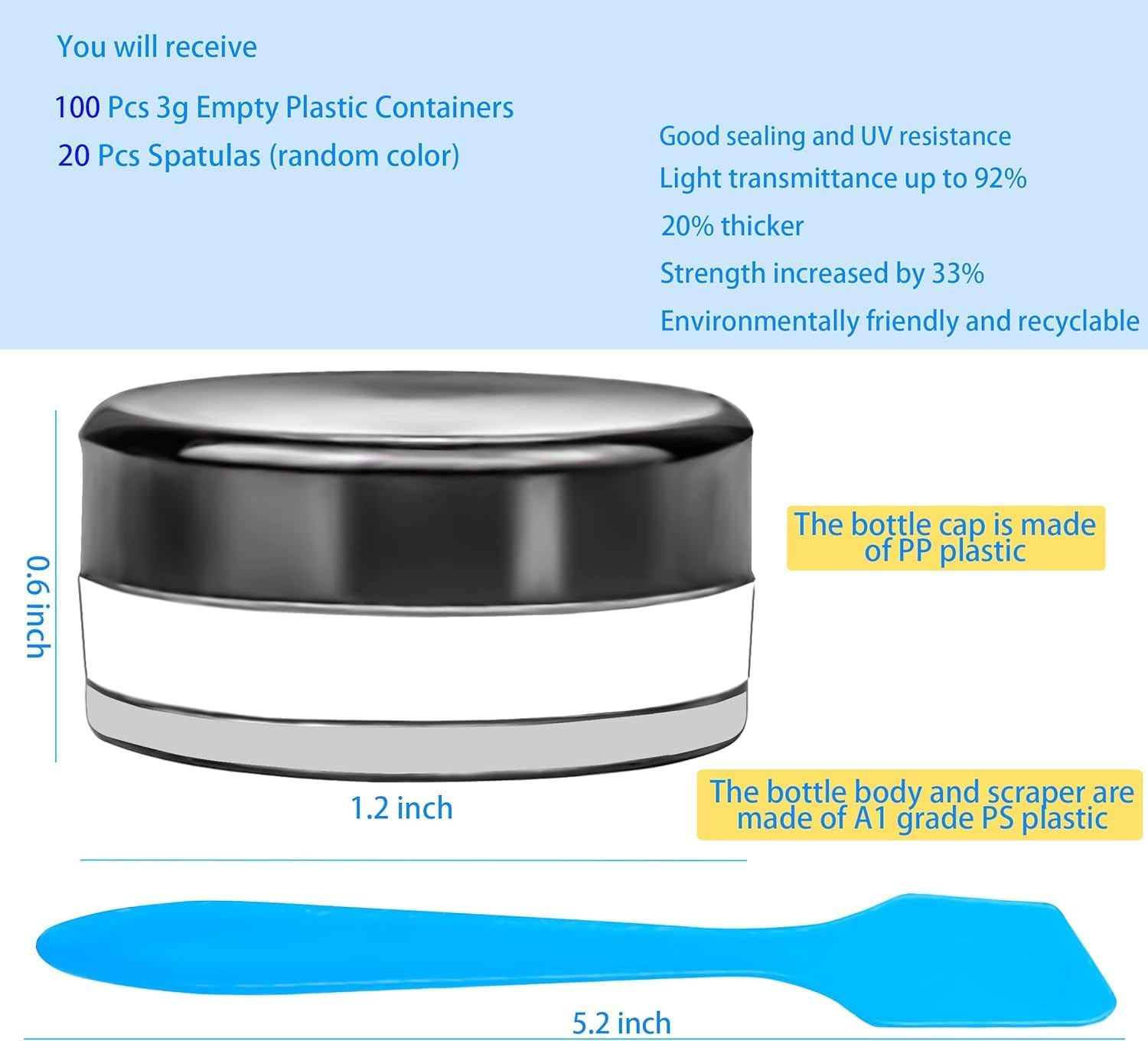 LH 100 Pcs 3G Empty Plastic Containers with Lids,Tiny Makeup Sample Containers Small Pot Jars Clear round Cosmetic Jars with 20 Pcs Mini Spatulas for Liquid Sample Powder Creams (Black Lid) image number 2