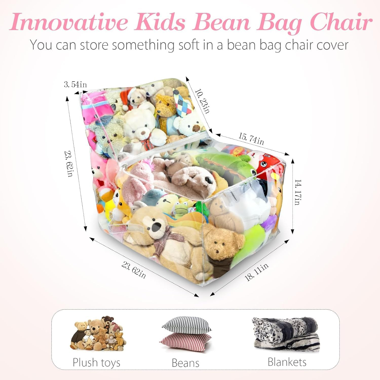 Large Clear PVC Stuffed Animal Storage Bean Bag Chair Cover - Organize & Store Plush Toys, 110L Capacity, Durable & Waterproof, Easy to Clean, Perfect for Kids' Rooms, Nursery, Playroom Decor image number 1