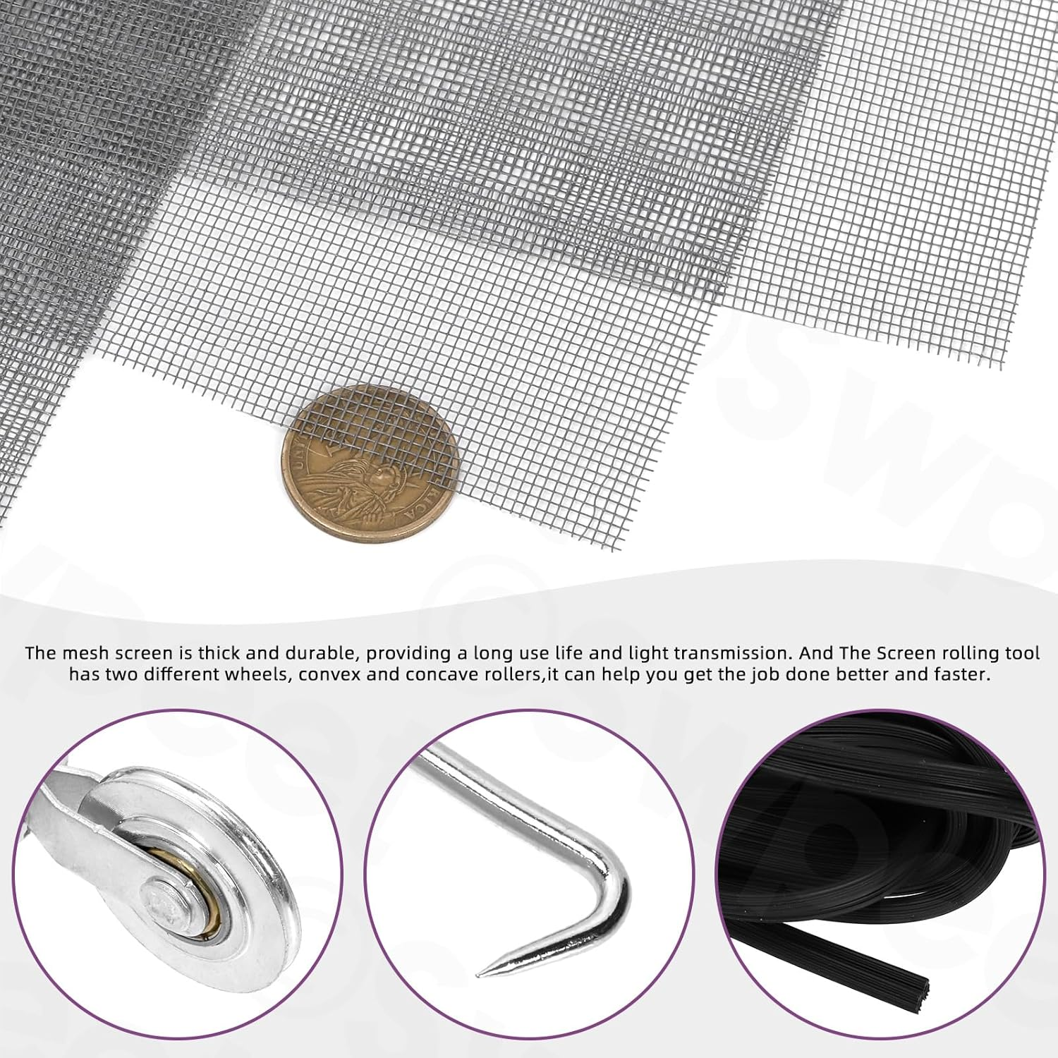 Swpeet 4Pcs Screen Repair Kit, Include Black Screen Mesh, Double Sided Screen Roller, Window Screen Hooks, Retainer Spline, for Replacing & Installing Door and Window Screens image number 2