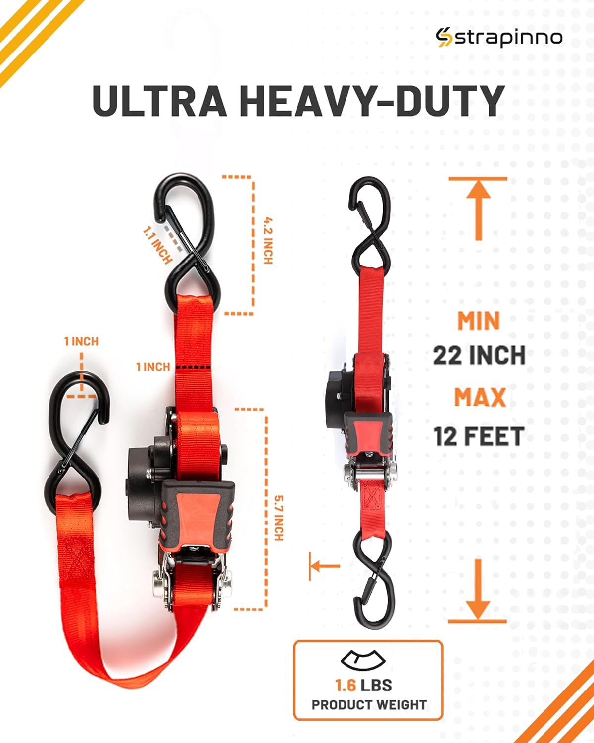 Strapinno Retractable Ratchet Straps - 1 in X 12 Ft Heavy Duty Tie Downs, 1800Lbs Breaking Strength Each, S Hooks with Safety Clip, Autoretract, for Moving, Motorcycle, Boat, Kayak, and Cargo (2) Red