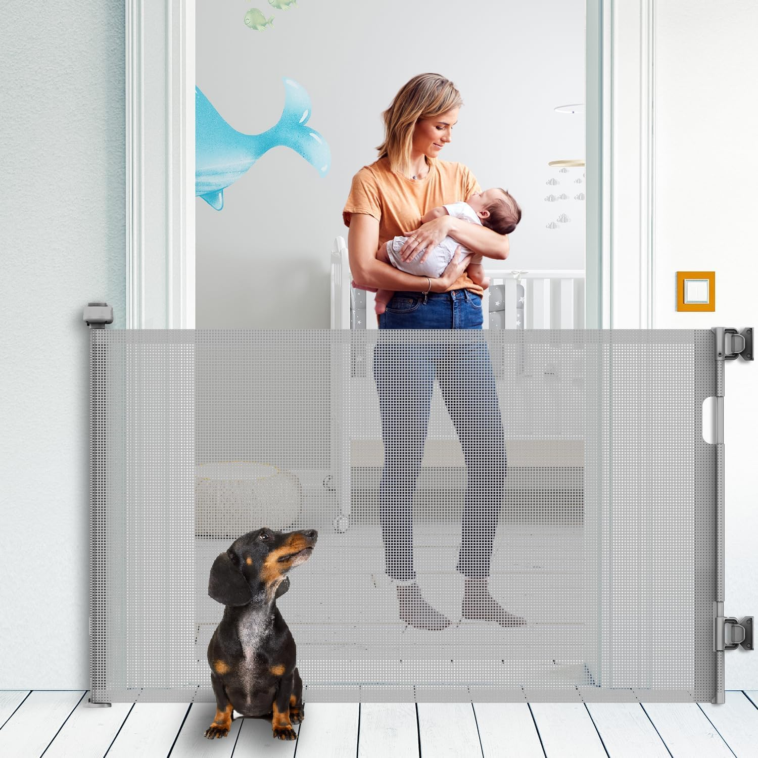 Retractable Baby Gate for Stairs, 33" Tall Expands 70" Wide Ideal Safety Solution Dog Gate for Stairs Doorways Hallways Indoor/Outdoor Mesh Baby Gate Retractable Screen Door(White,86Cmx180Cm)