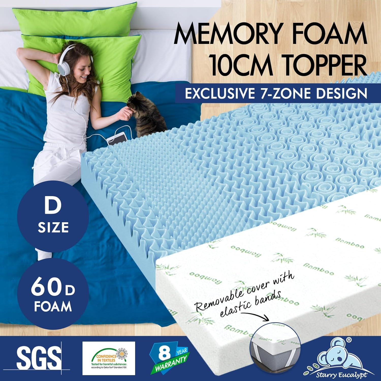 STARRY EUCALYPT Double Size Memory Foam Mattress Topper 10Cm, 7 Zone Design Cool Gel Infused with Removable Cover Beddings Bed Mat Pad image number 6